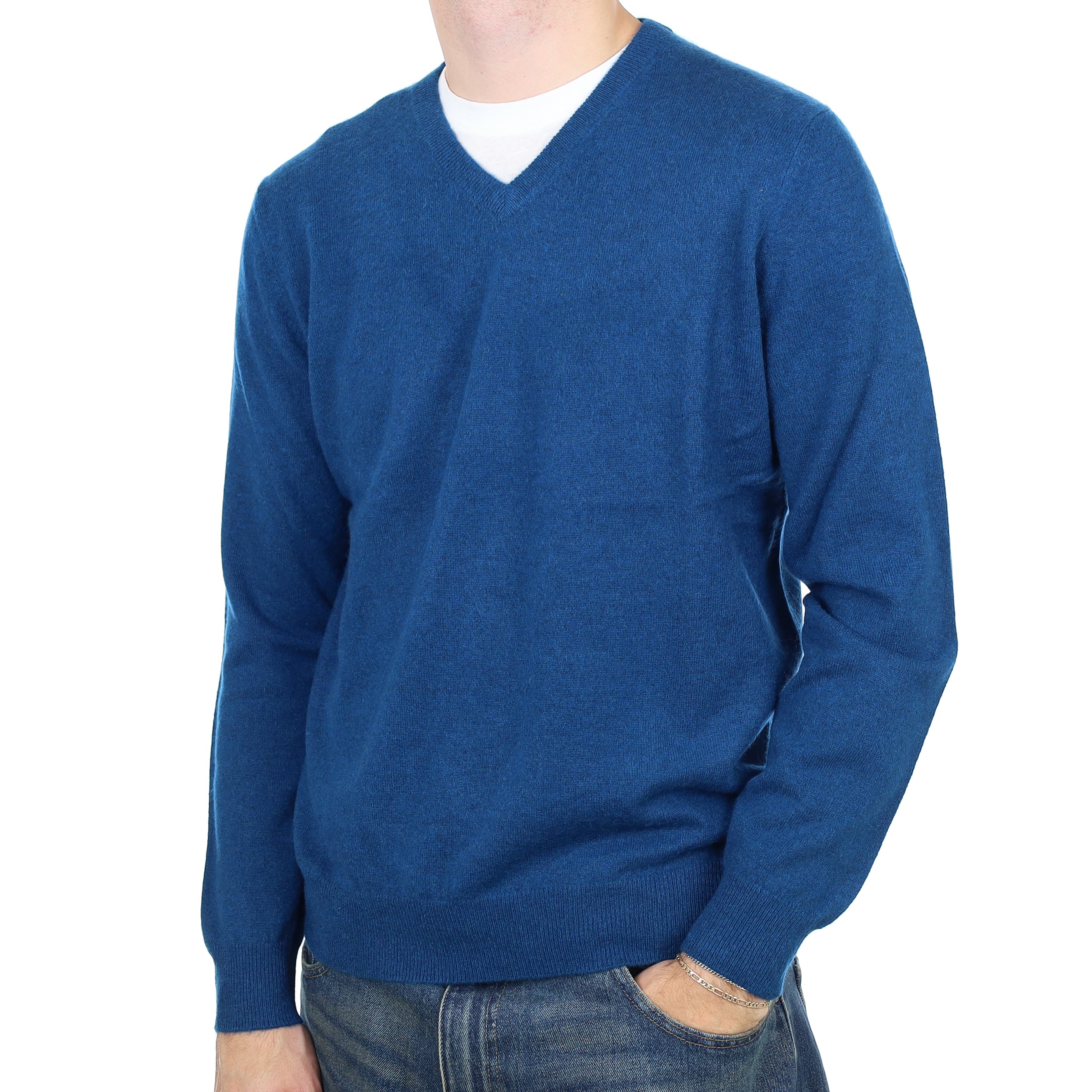Men’s Deep Ocean Blue Cashmere V Neck Jumper Large