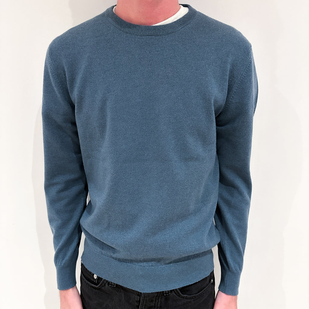 Men's Brand New Scottish Stone Blue Cashmere Crew Neck Jumper Small