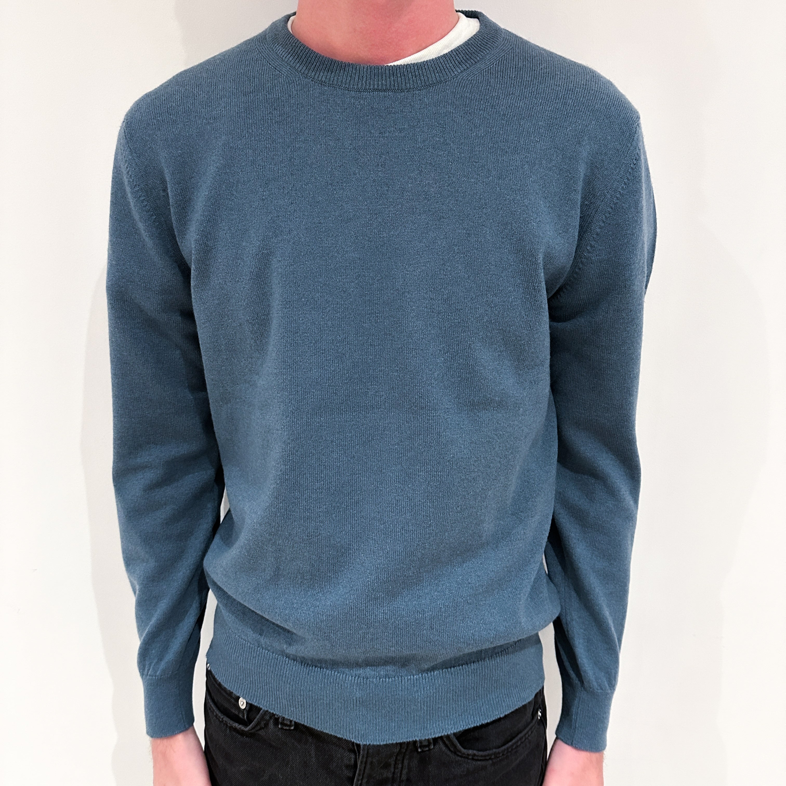 Men's Brand New Scottish Stone Blue Cashmere Crew Neck Jumper Small