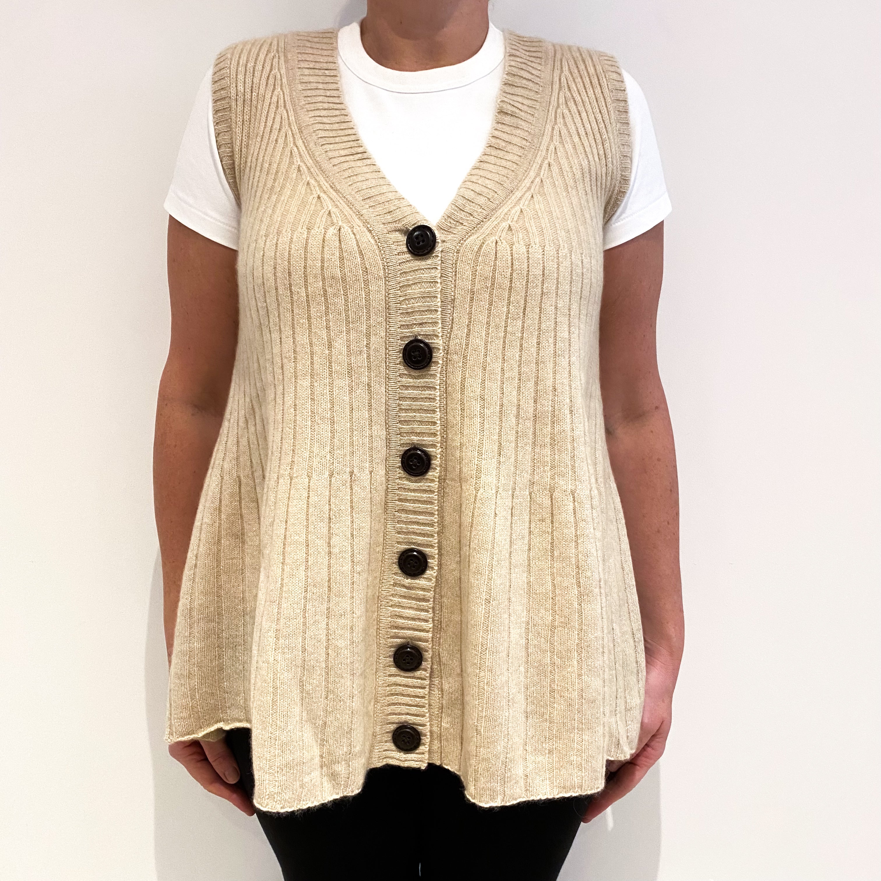 Fawn Beige Rib Cashmere V-Neck Waist Coat Large