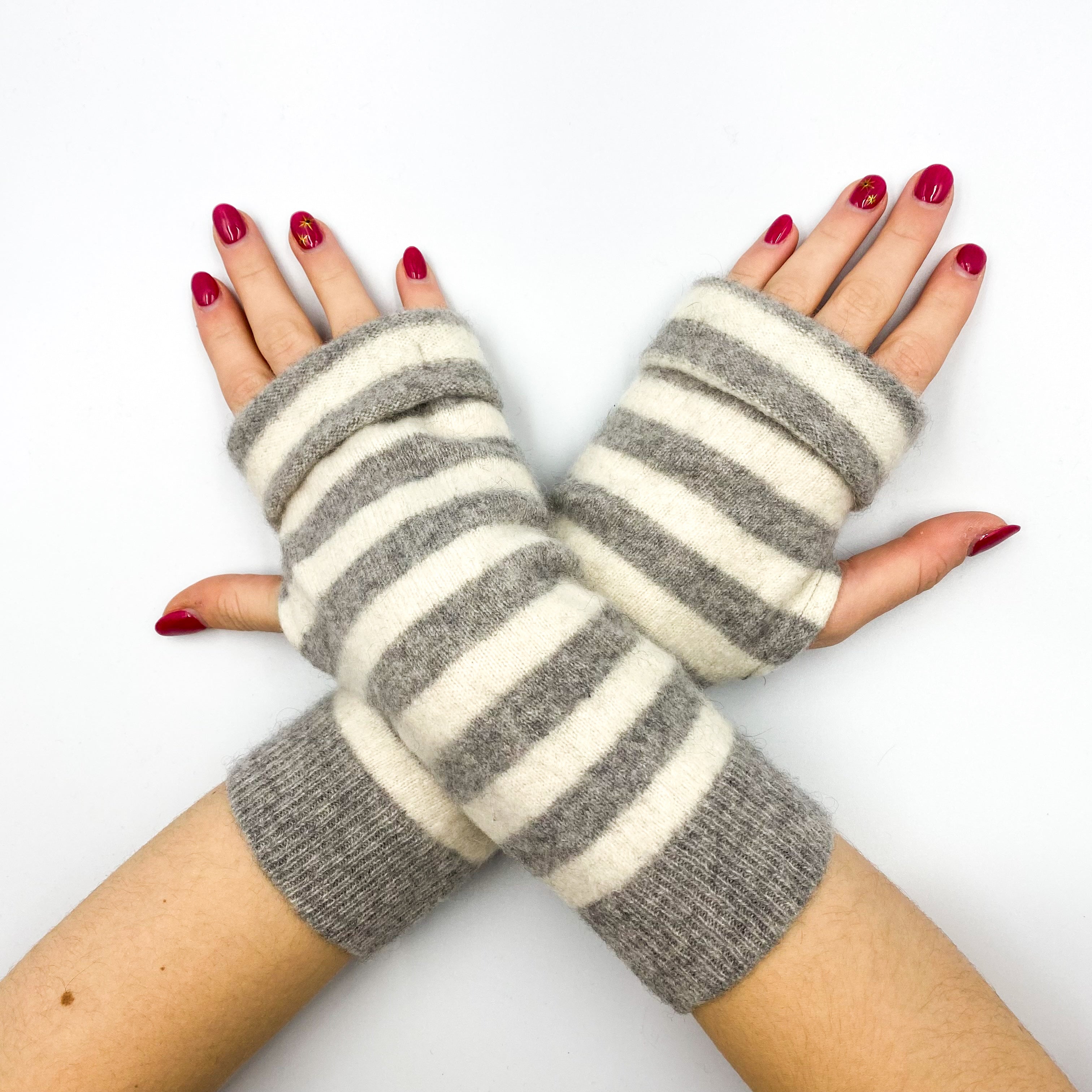 Smoke Grey and Ivory Stripe Fingerless Gloves