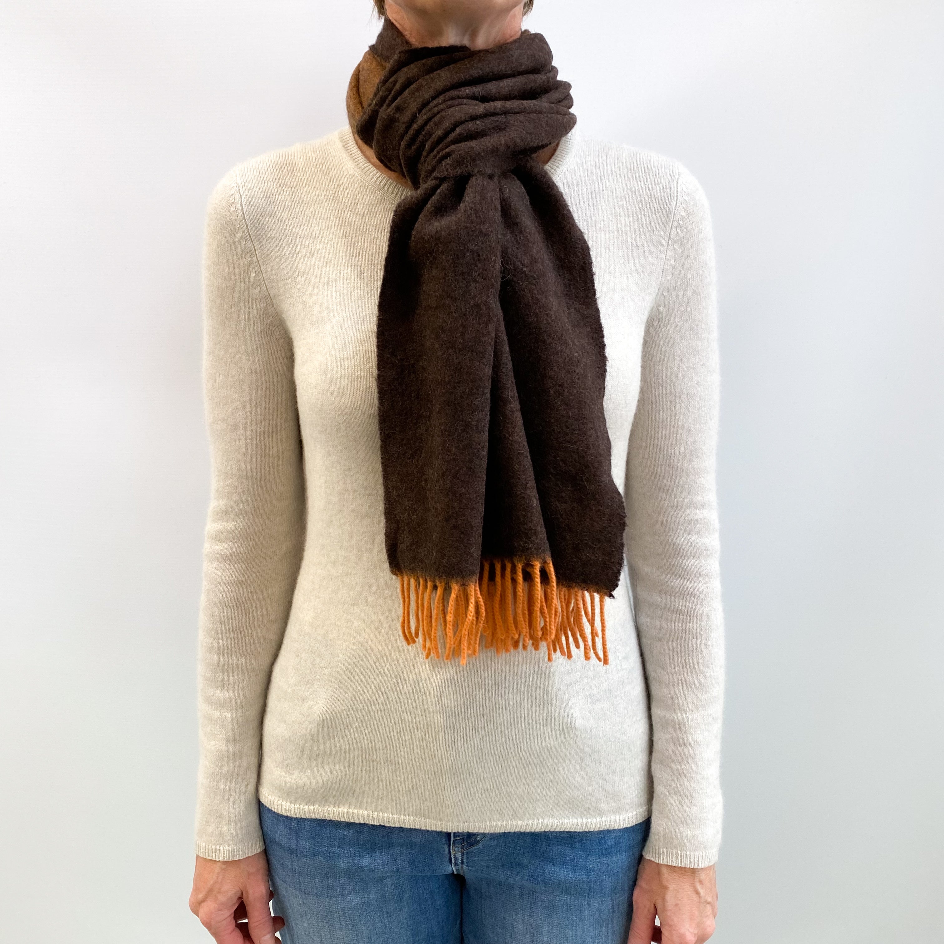 Brown and Orange Fringed Cashmere Woven Scarf