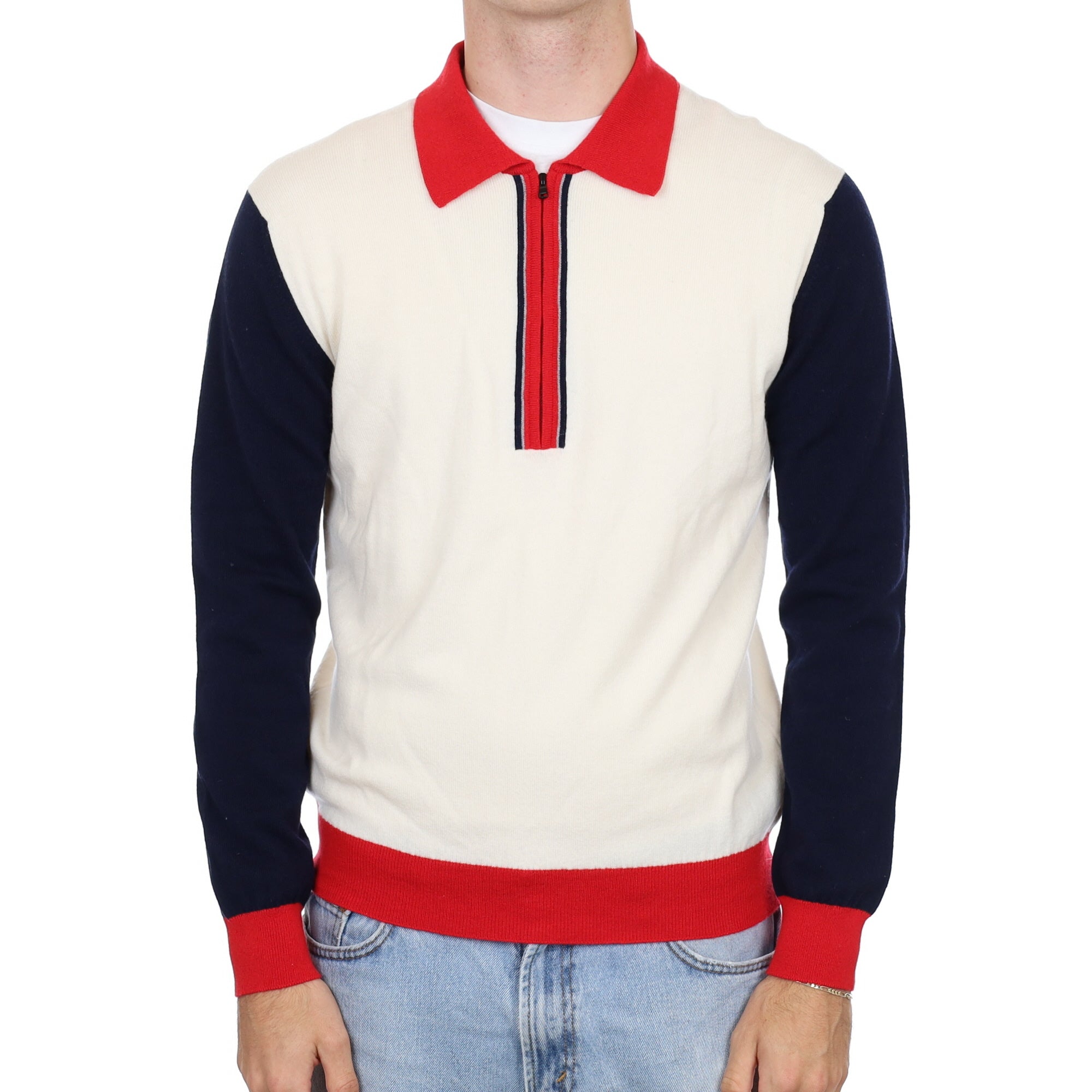 Men’s Brand New Scottish Cream Navy and Red Cashmere Collared 1/4 Zip Neck Jumper Medium