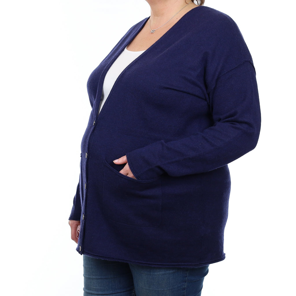 French Navy Cashmere V Neck Cardigan with Pockets Extra Large