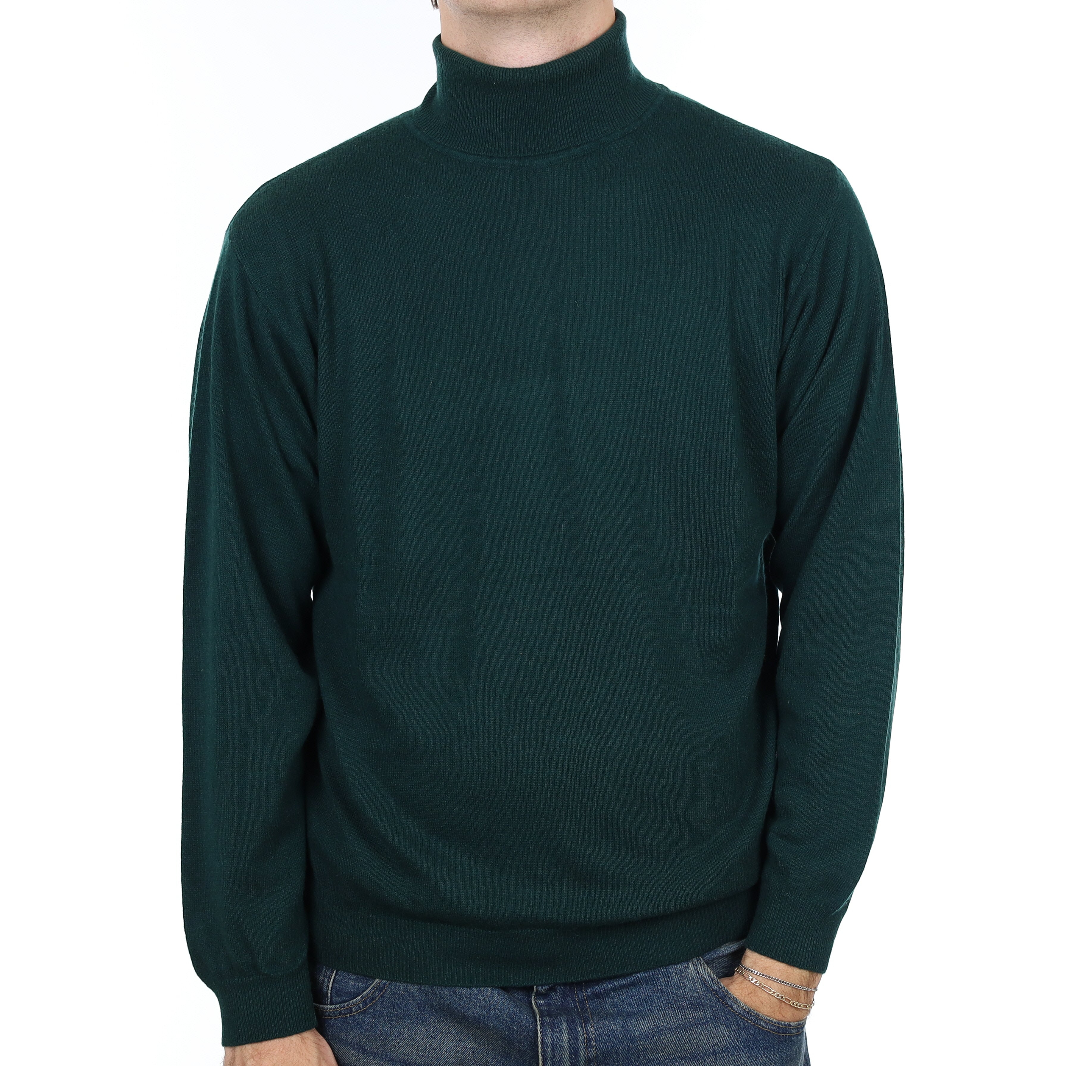 Men’s Bottle Green Cashmere Polo Neck Jumper Large