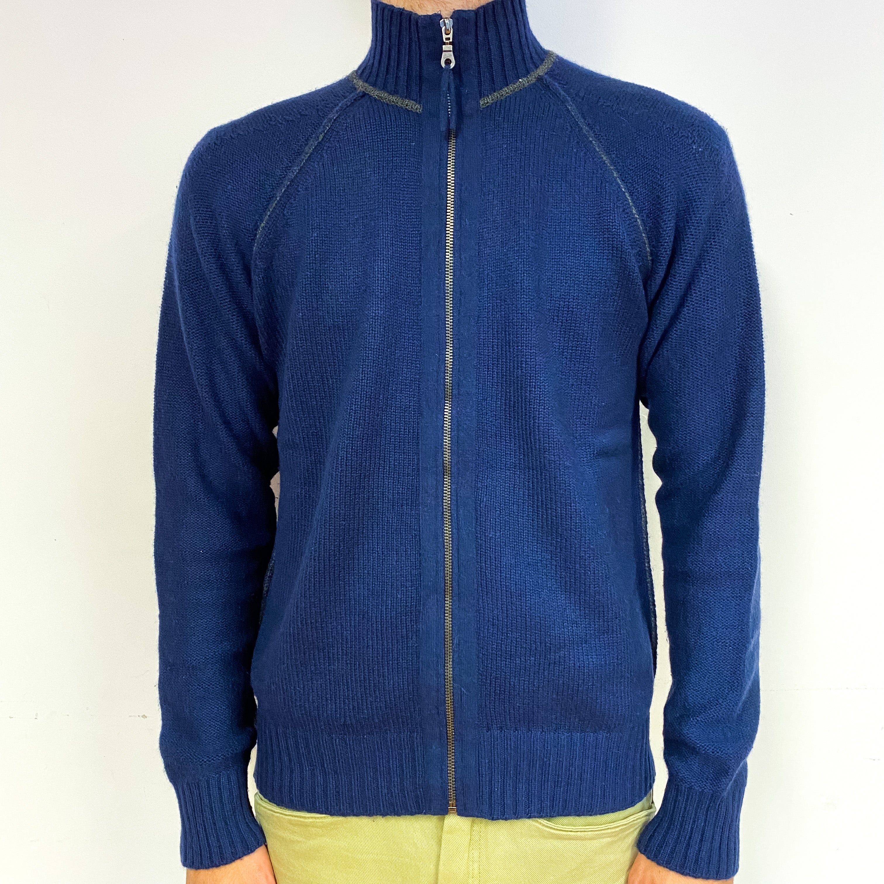 Men's Navy Grey Trim Cashmere Zip Up Cardigan Medium