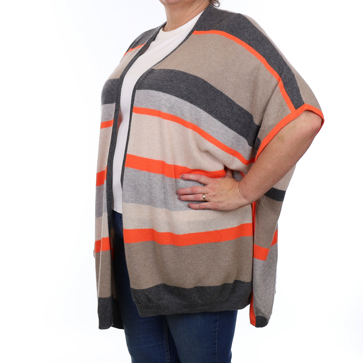 Cocoa Grey and Orange Striped Cashmere Slouchy Sleeveless Edge to Edge Cardigan XL