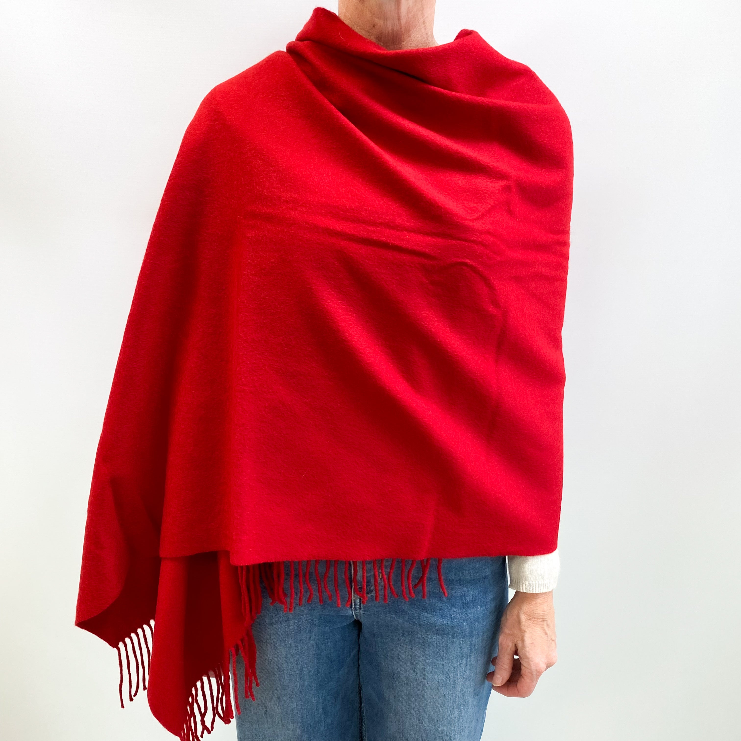 Scarlet Red Cashmere Fringed Woven Wrap One Size