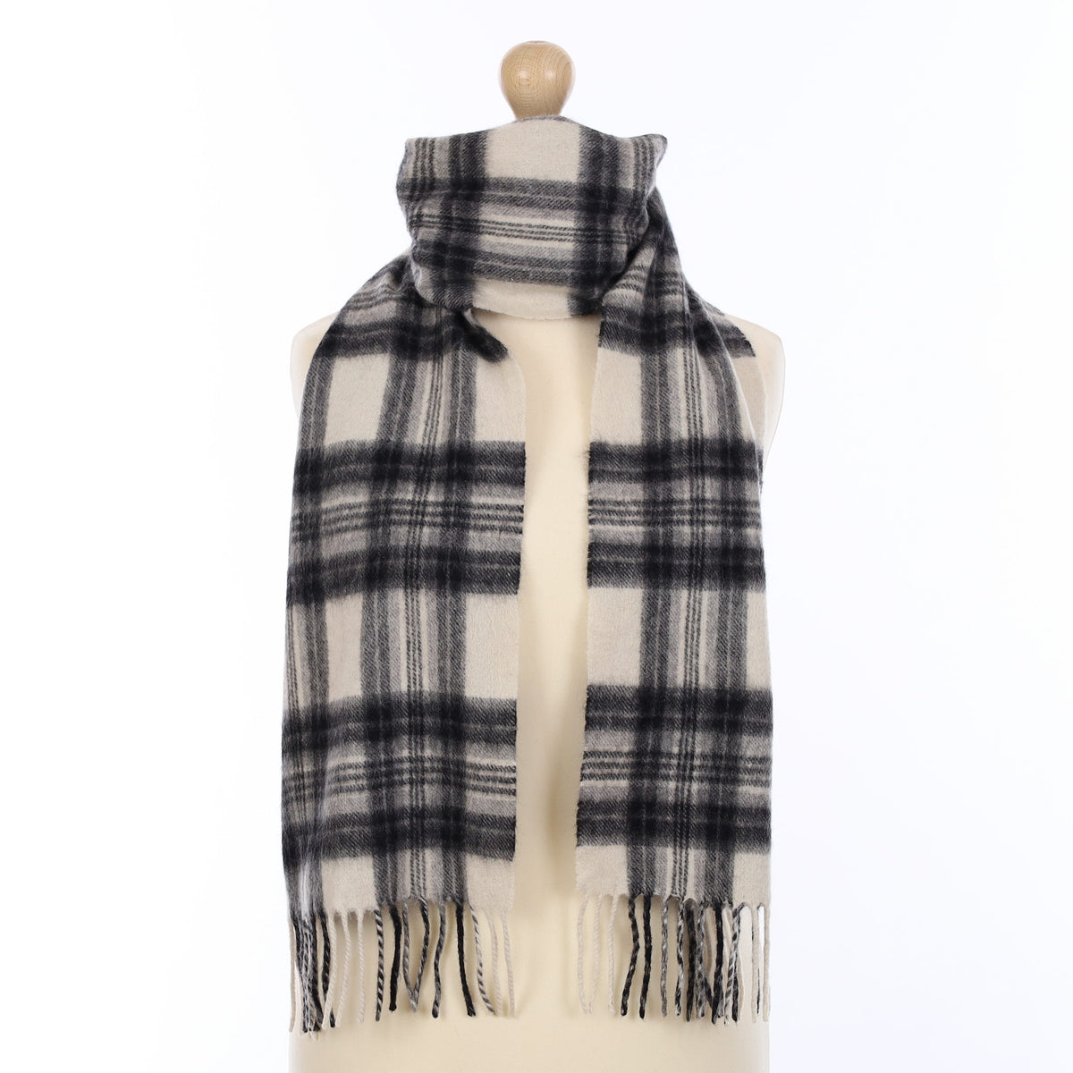 Ivory and Black Plaid Cashmere Woven Scarf