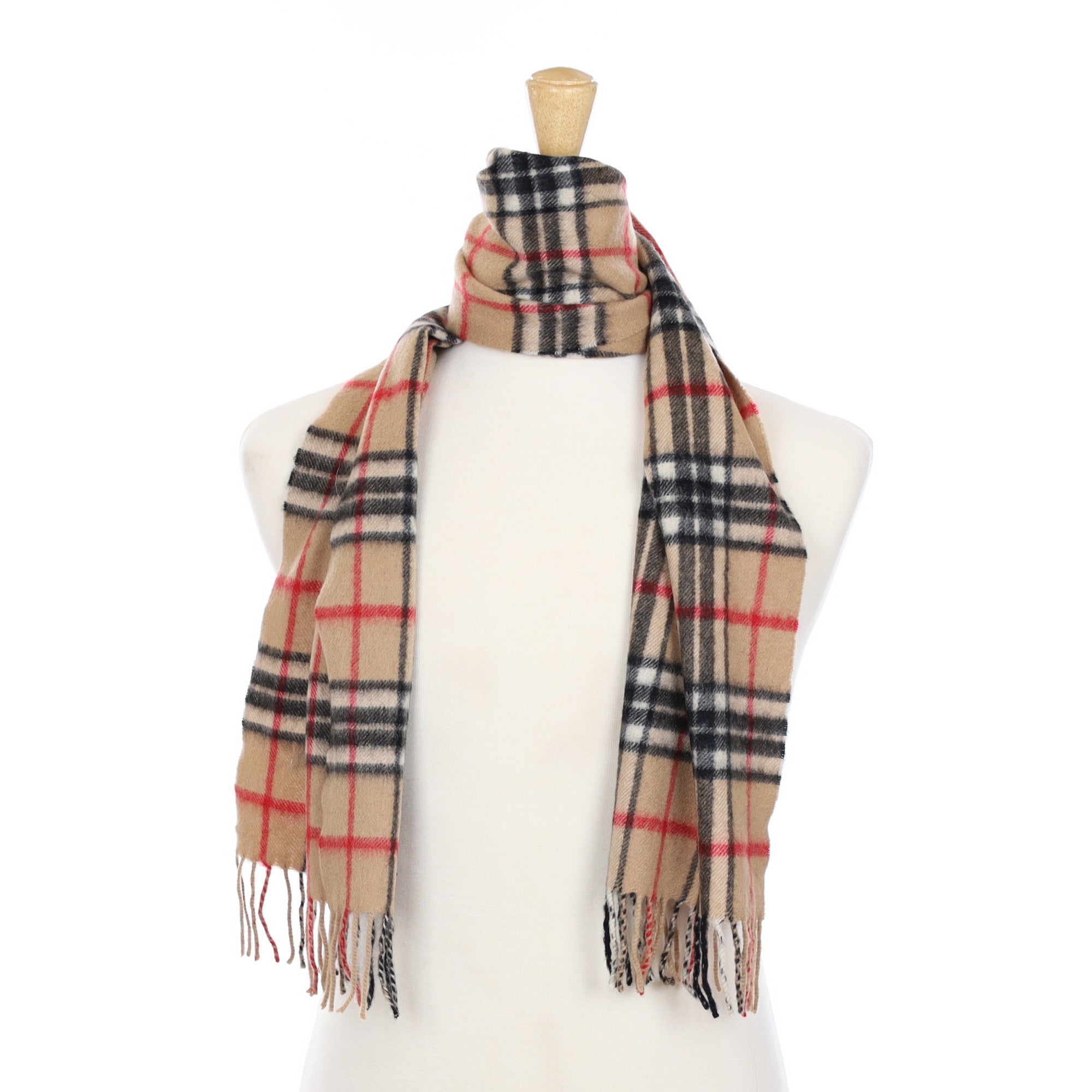 Camel Checked Cashmere Fringed Woven Scarf