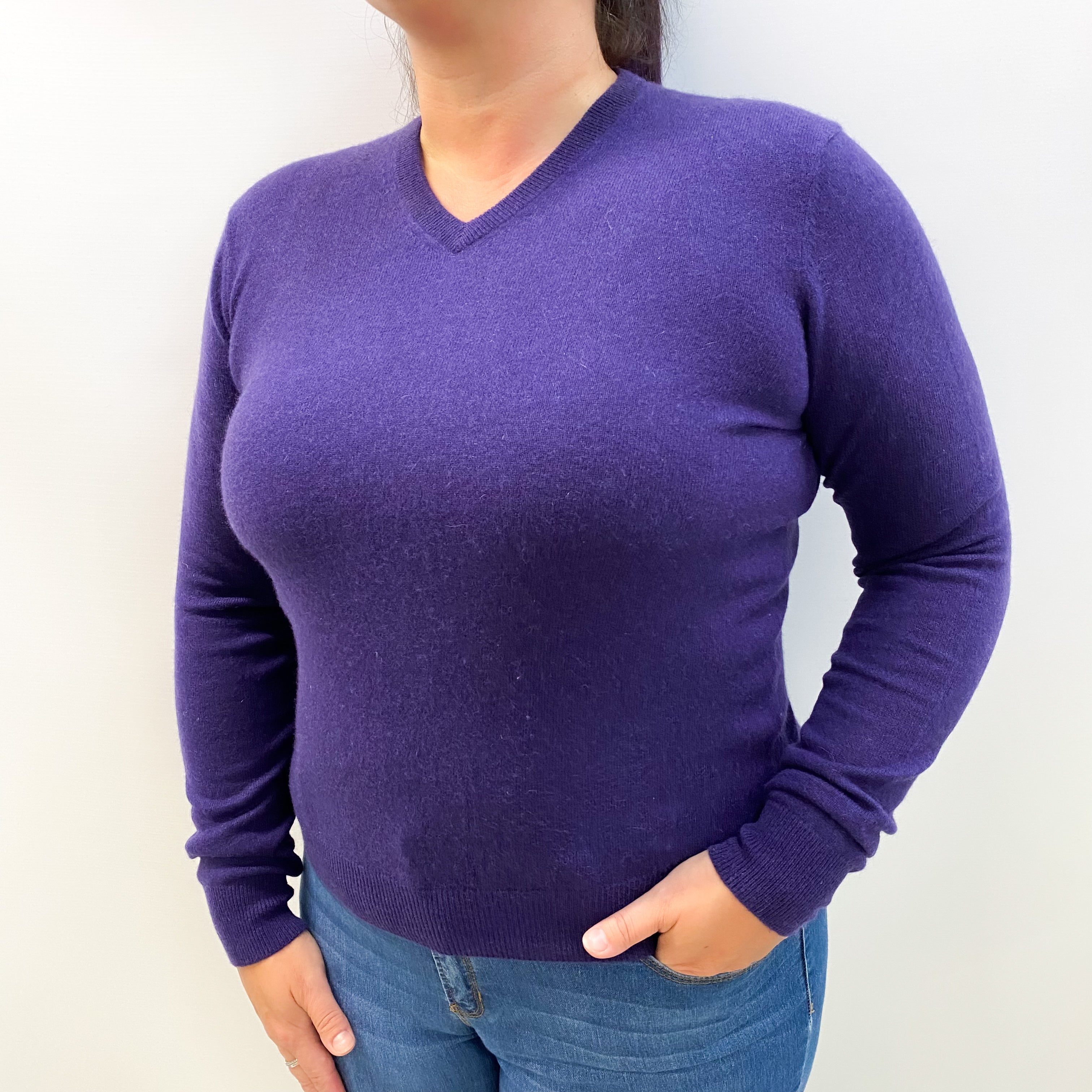 Blueberry Purple Cashmere V Neck Jumper Large