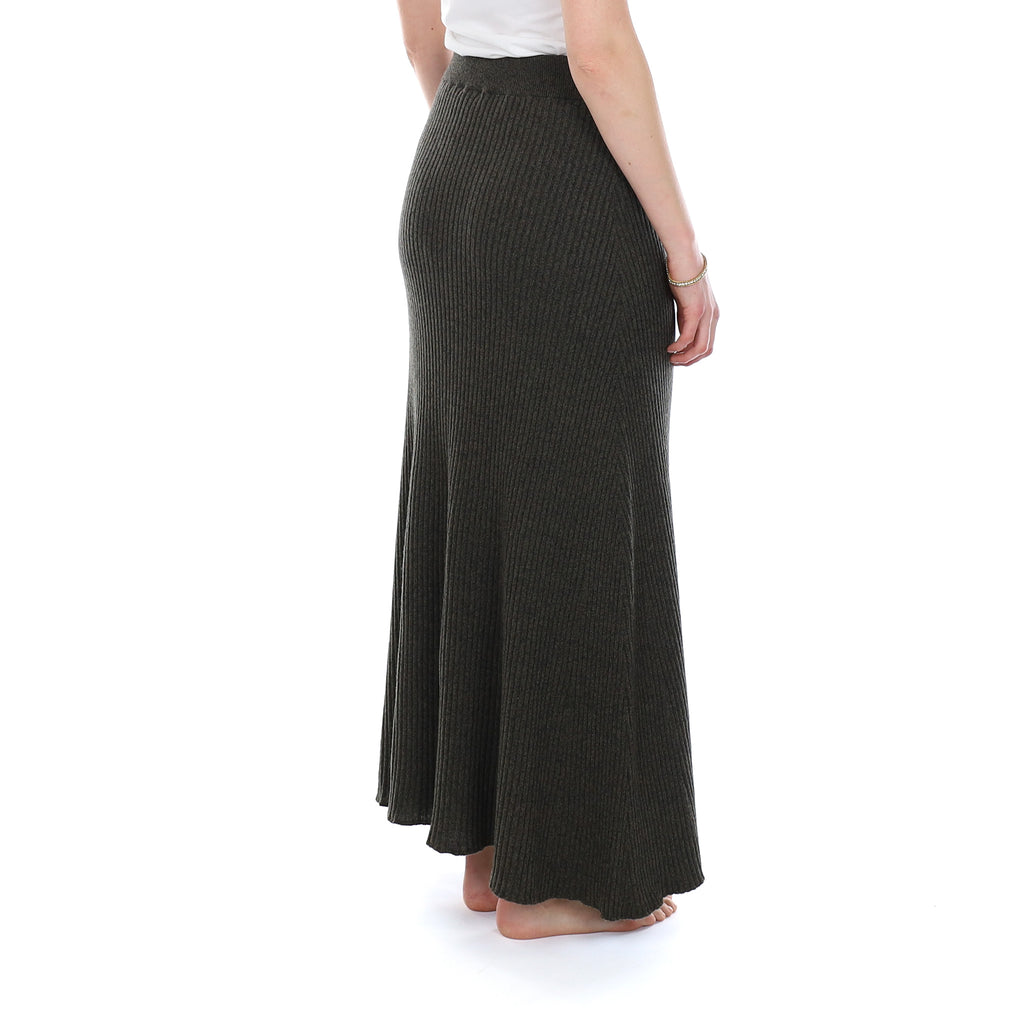 Brand New Scottish Deep Khaki Green Rib Cashmere Long A Line Skirt Small