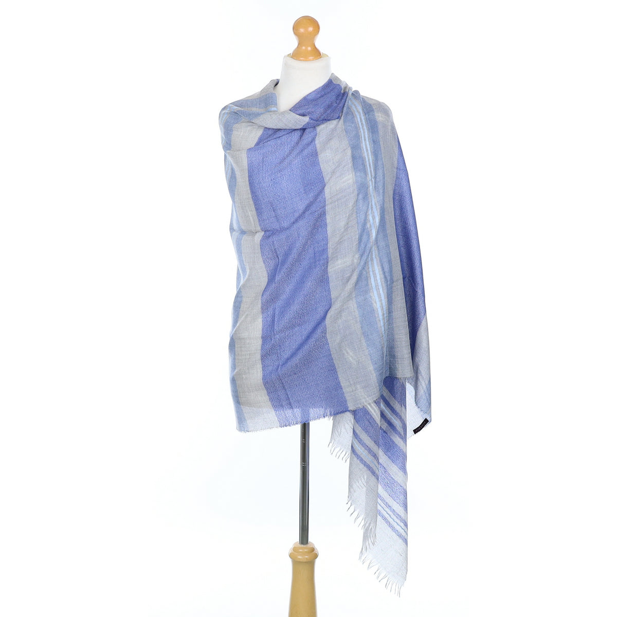 Scottish Begg & Co Denim Blue and Grey Striped Fine Woven Cashmere & Silk Wrap