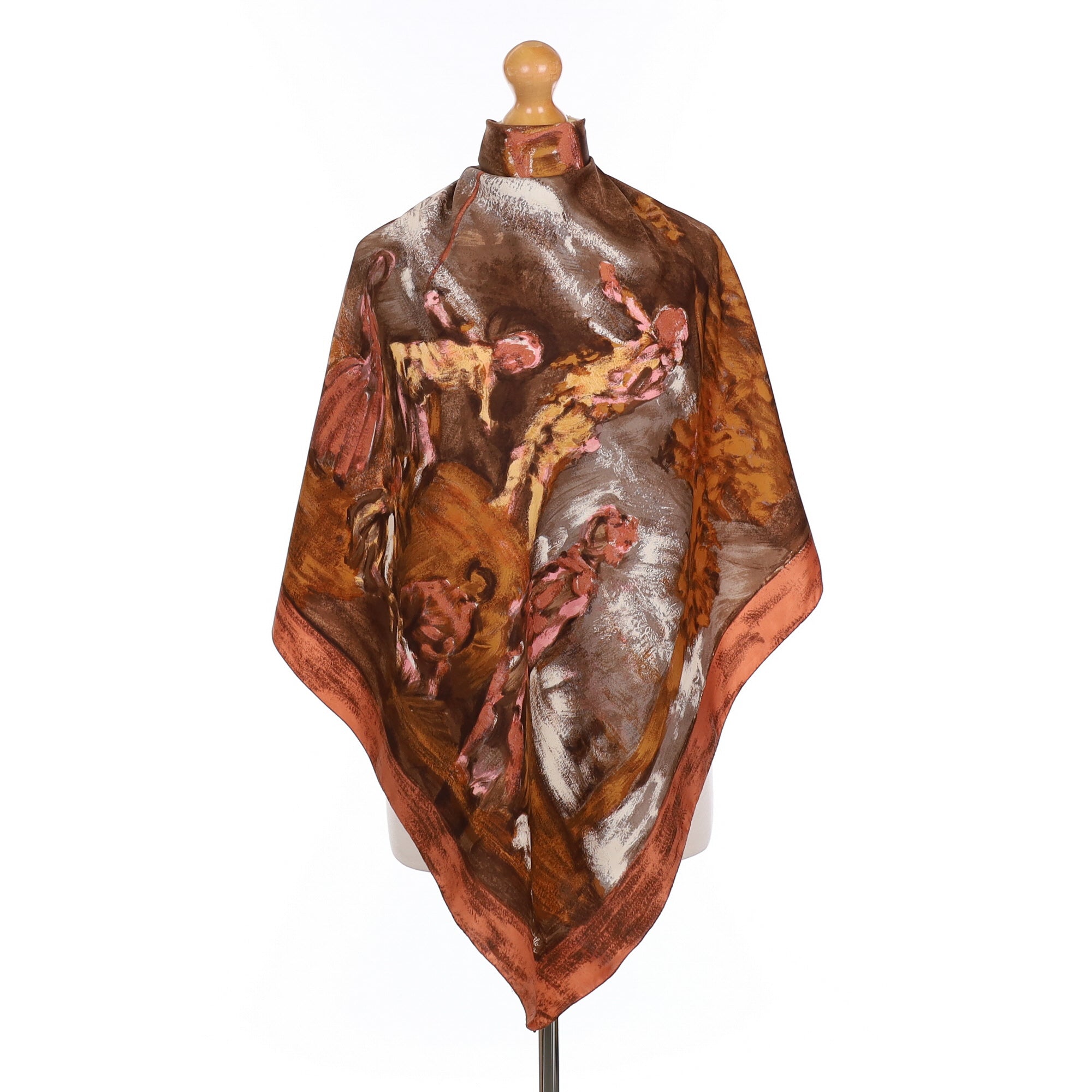 1960’s Jeanne Lanvin Kite Flying Brown Toned Vintage Silk Scarf