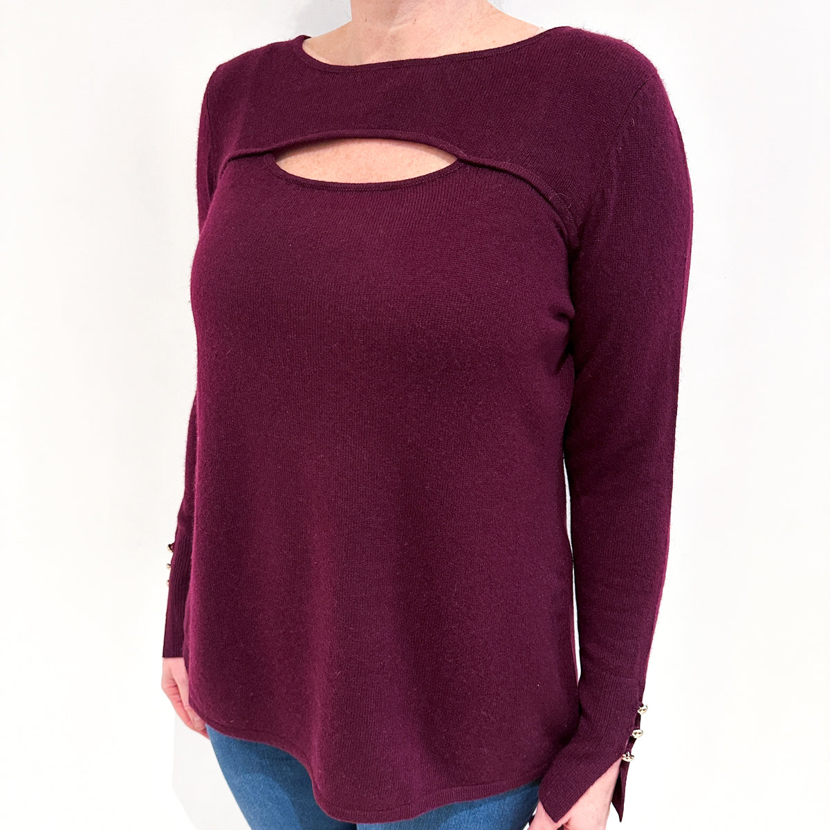 Aubergine Purple Cut Out Cashmere Crew Neck Jumper Large