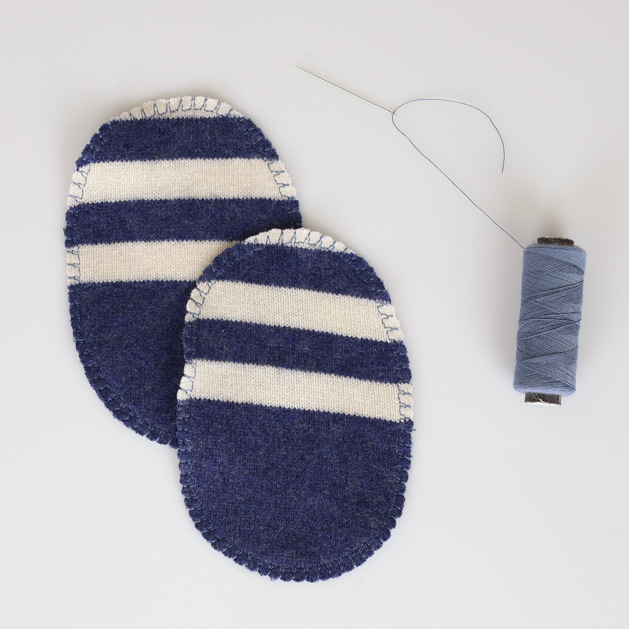 Small Denim and Ivory Vertical Stripe Covering Half Blue Elbow Patches