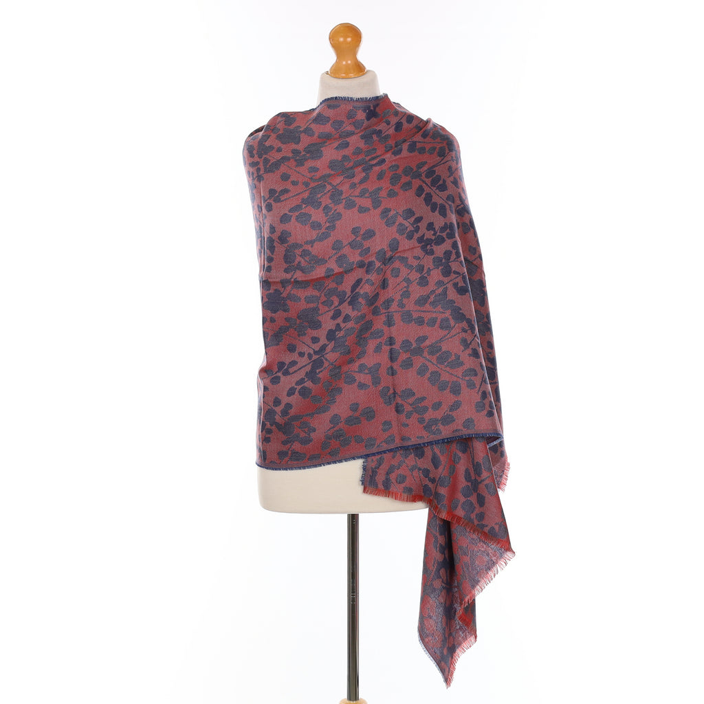 Brand New Begg & Co Vermillion and Naval Blue Floral Cashmere Blend Woven Wrap