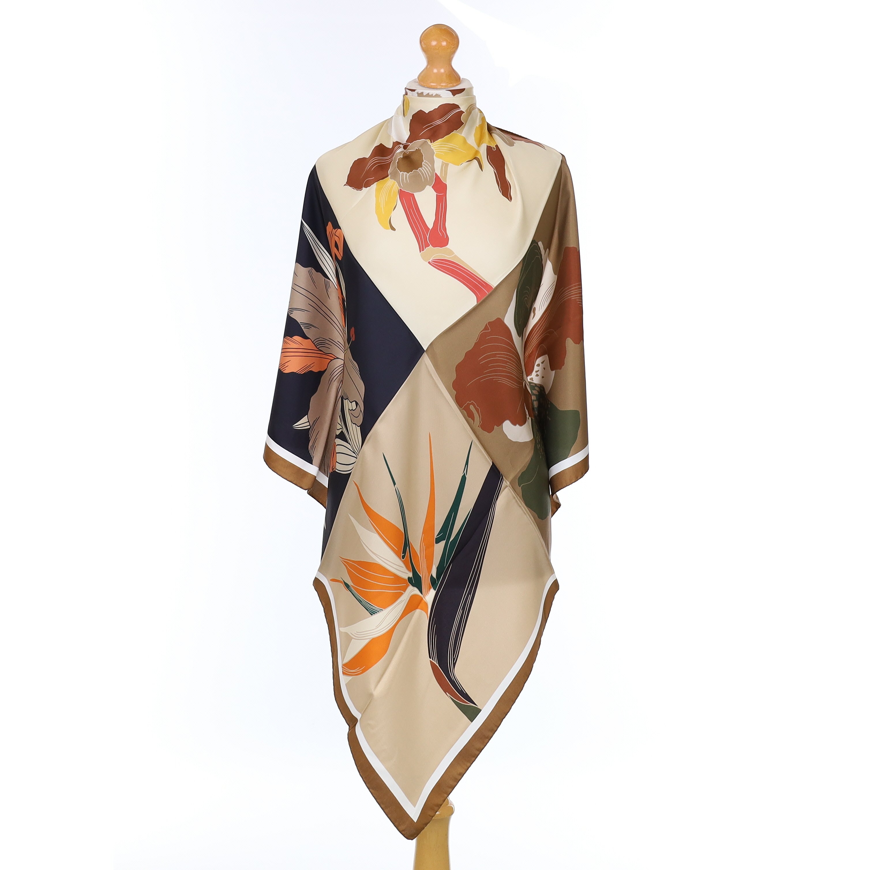 Brand New Italian Brown Lilly and Orchid Silk Scarf