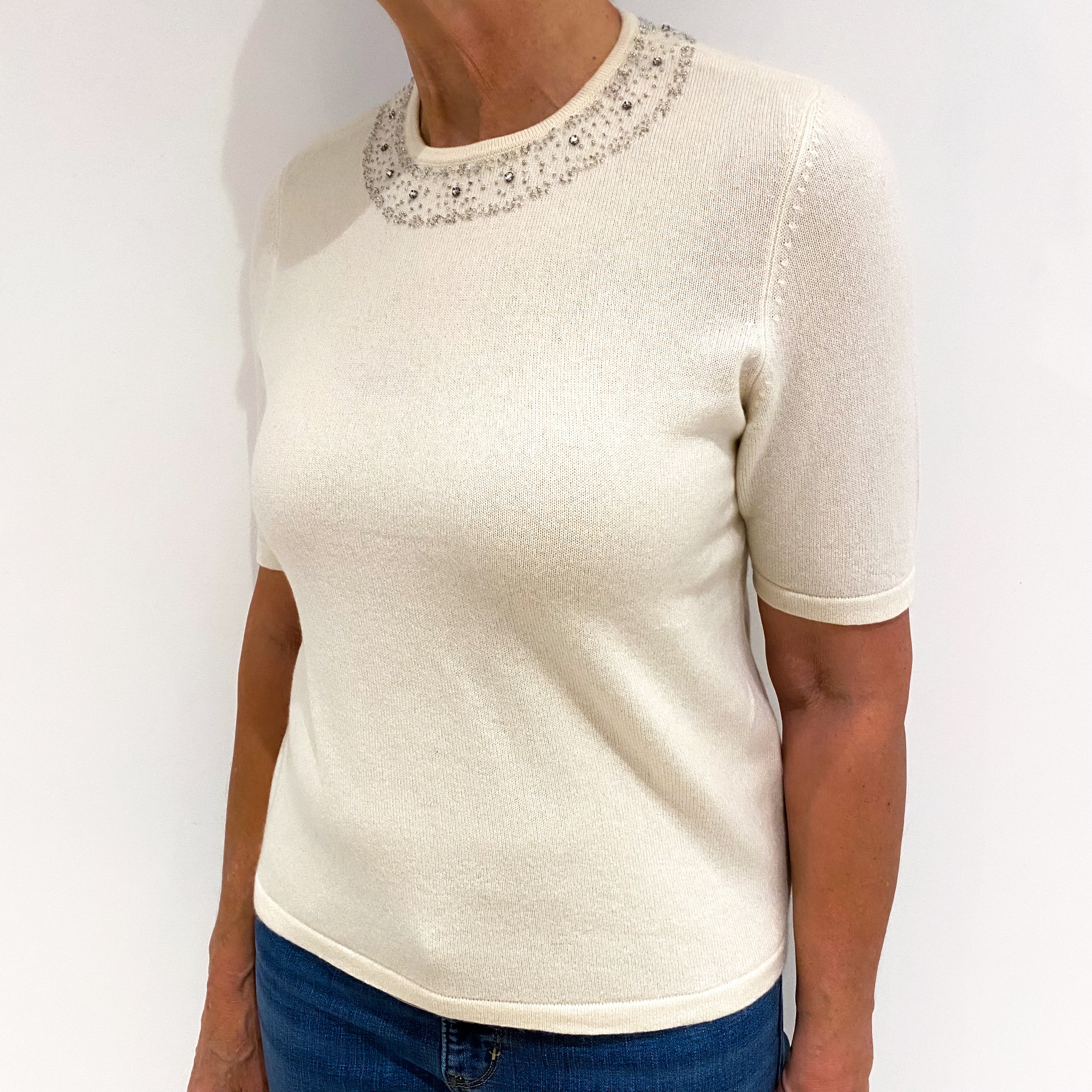 Cream Embellished Cashmere Short Sleeve Crew Neck Jumper Medium