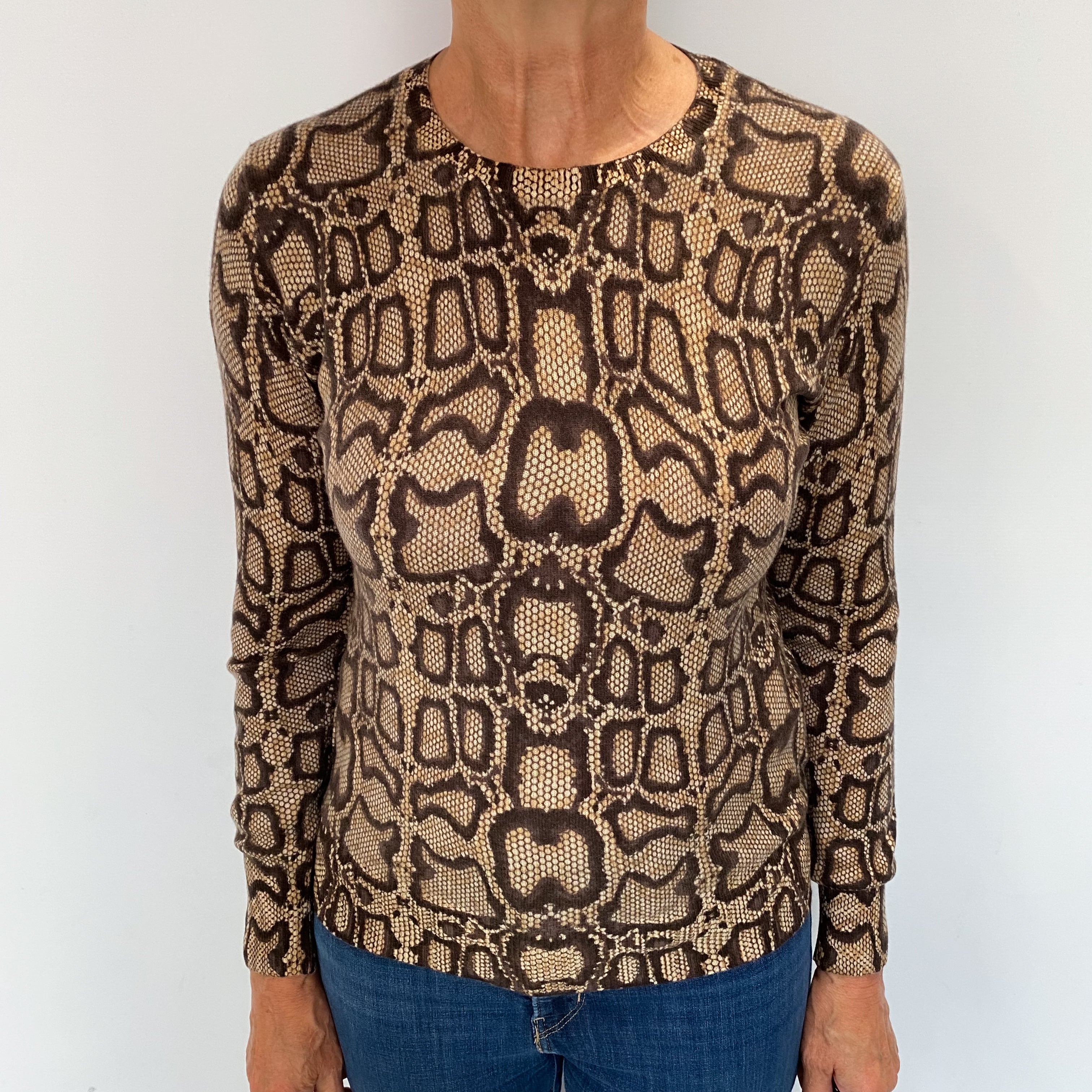 Brown Snake Print Cashmere Crew Neck Jumper Medium