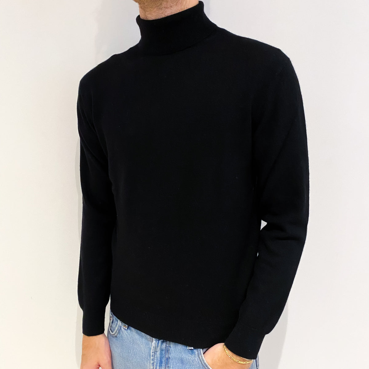 Men's Black Cashmere Polo Neck Jumper Medium
