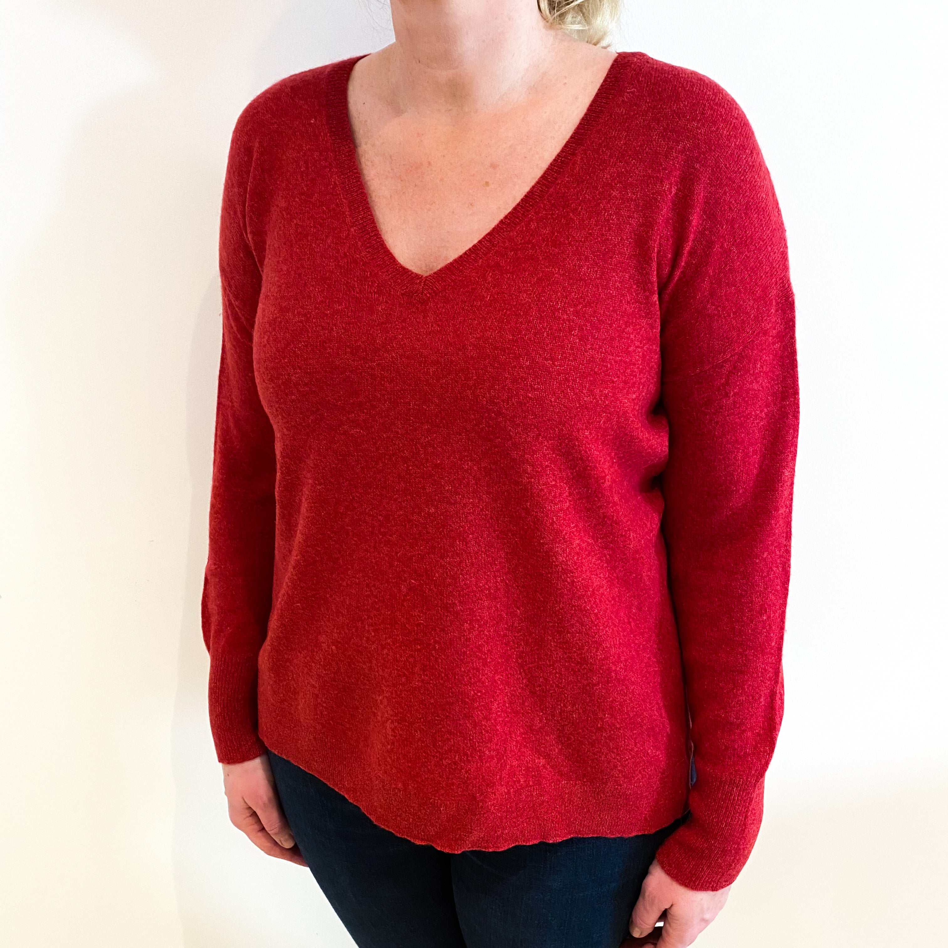 Brick Red Cashmere V Neck Jumper Large