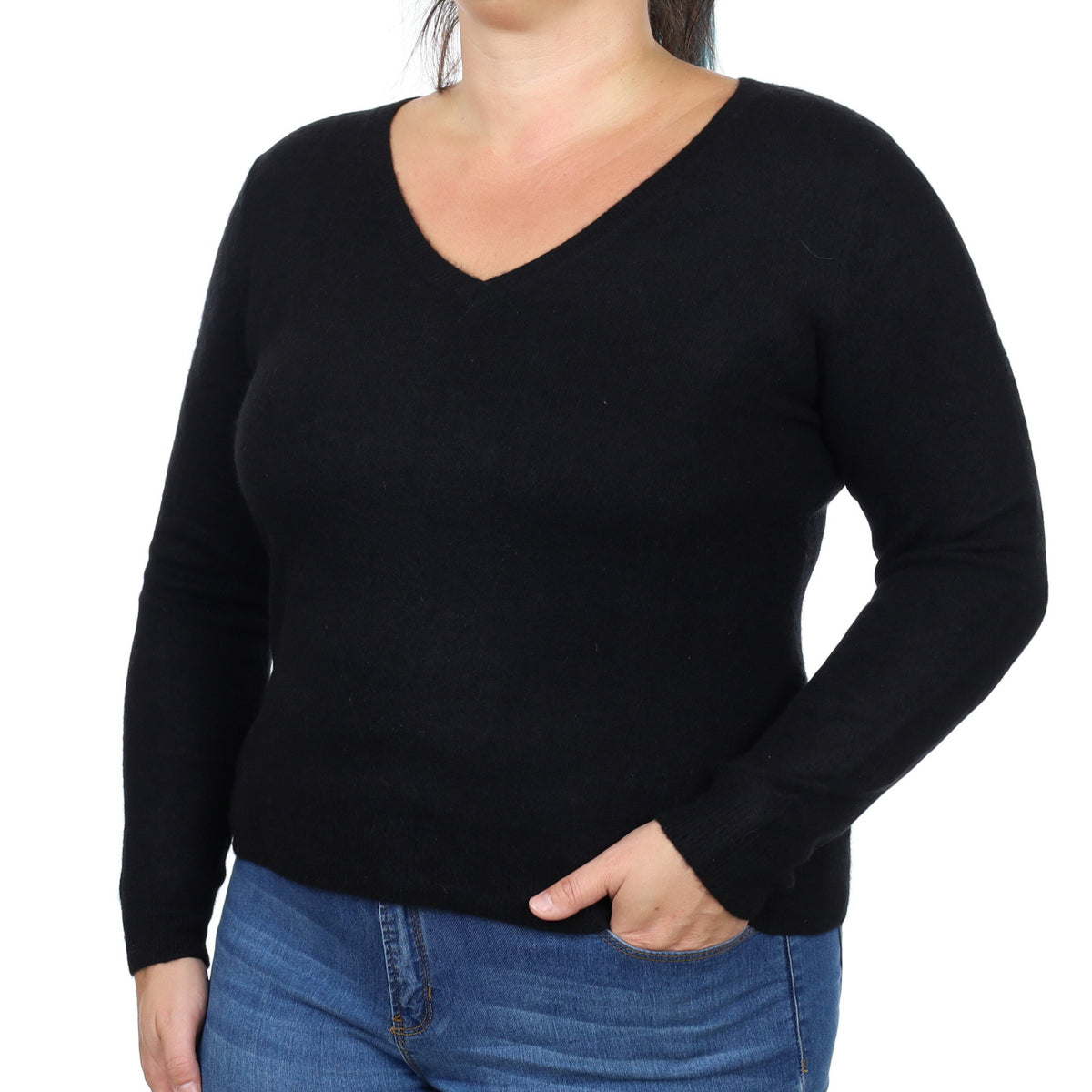 Black Cashmere V Neck Jumper Large