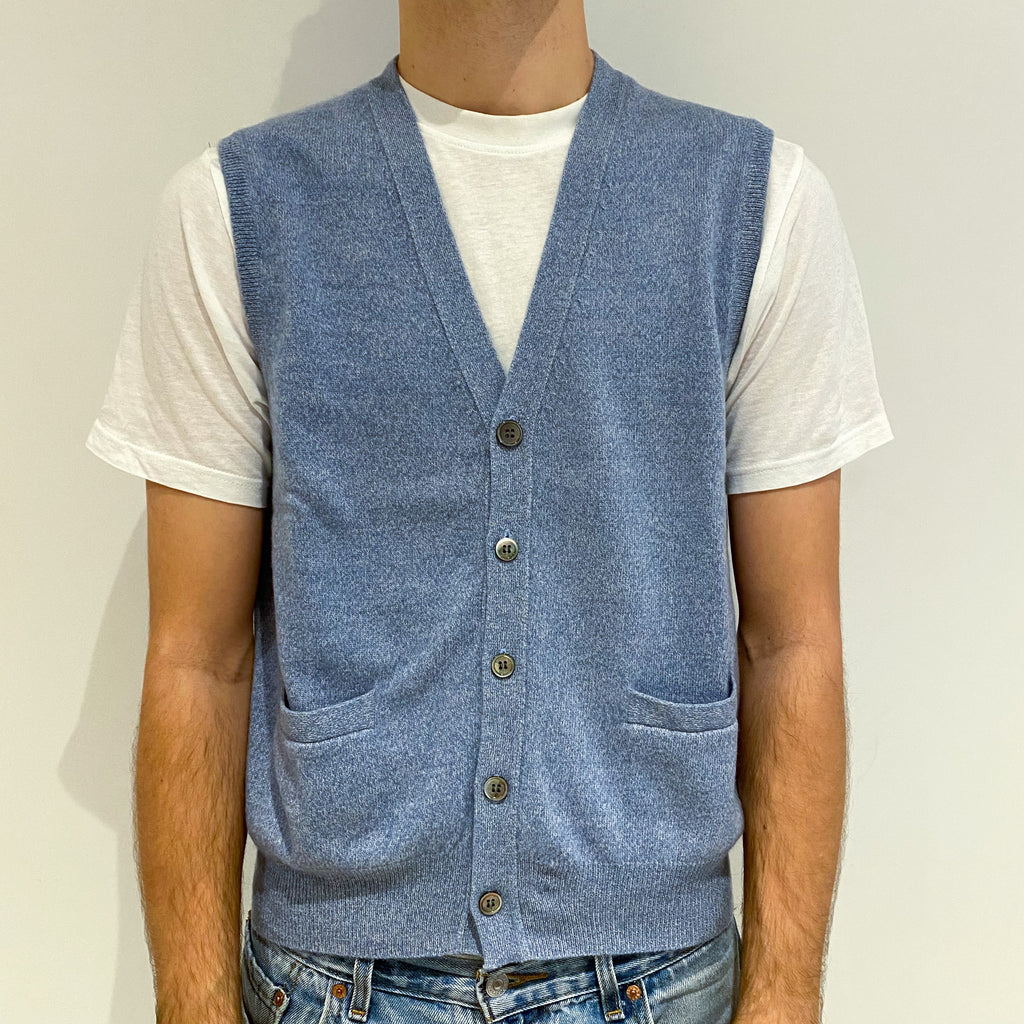 Men's Pale Denim Blue Cashmere V-Neck Waist Coat Large
