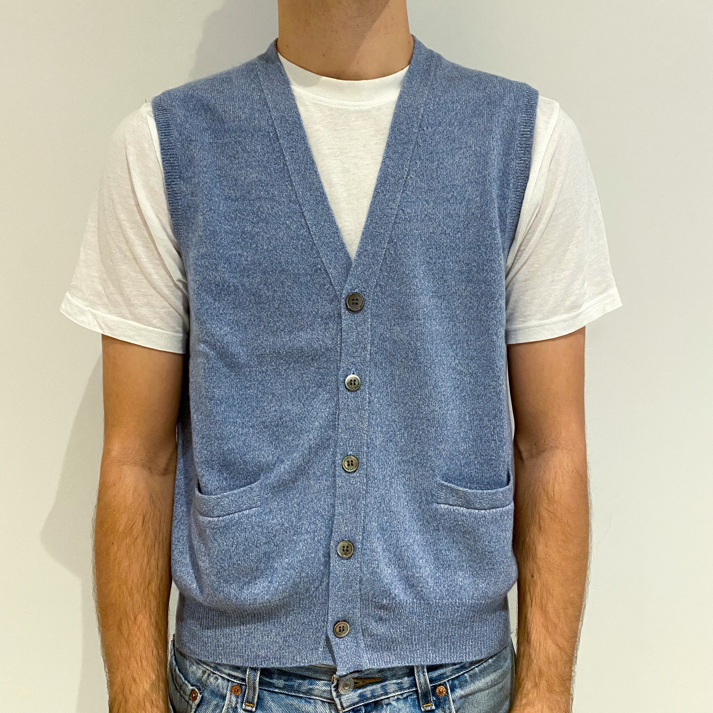 Men's Pale Denim Blue Cashmere V-Neck Waist Coat Large