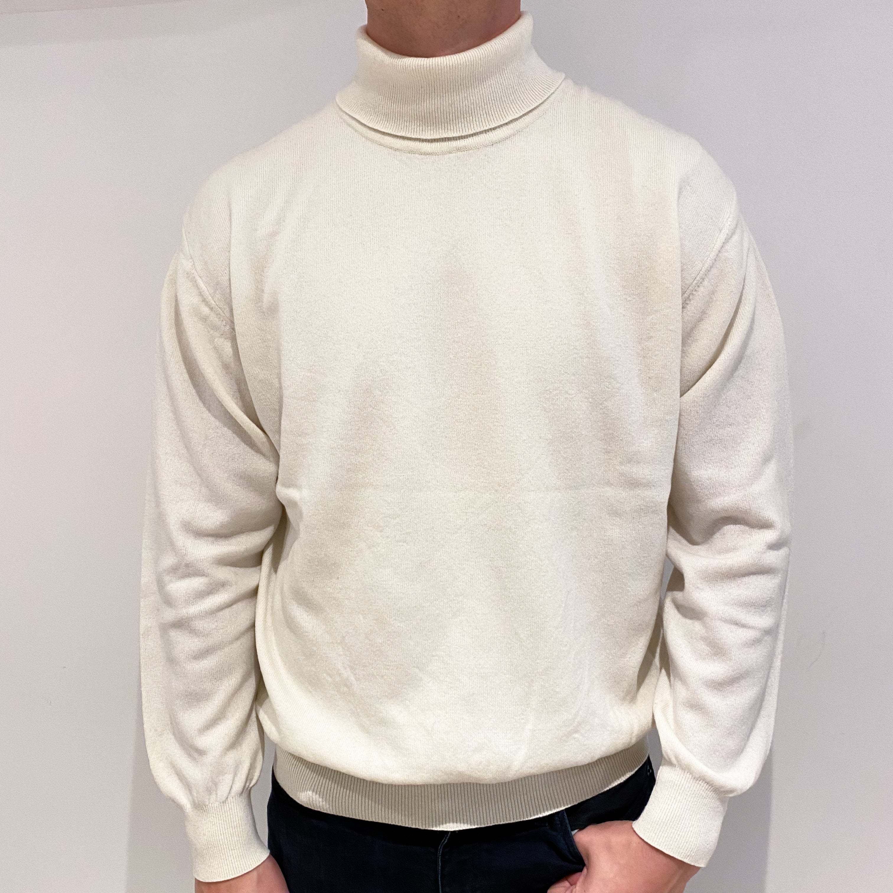 Men's Vanilla Cream Cashmere Polo Neck Jumper Extra Extra Large