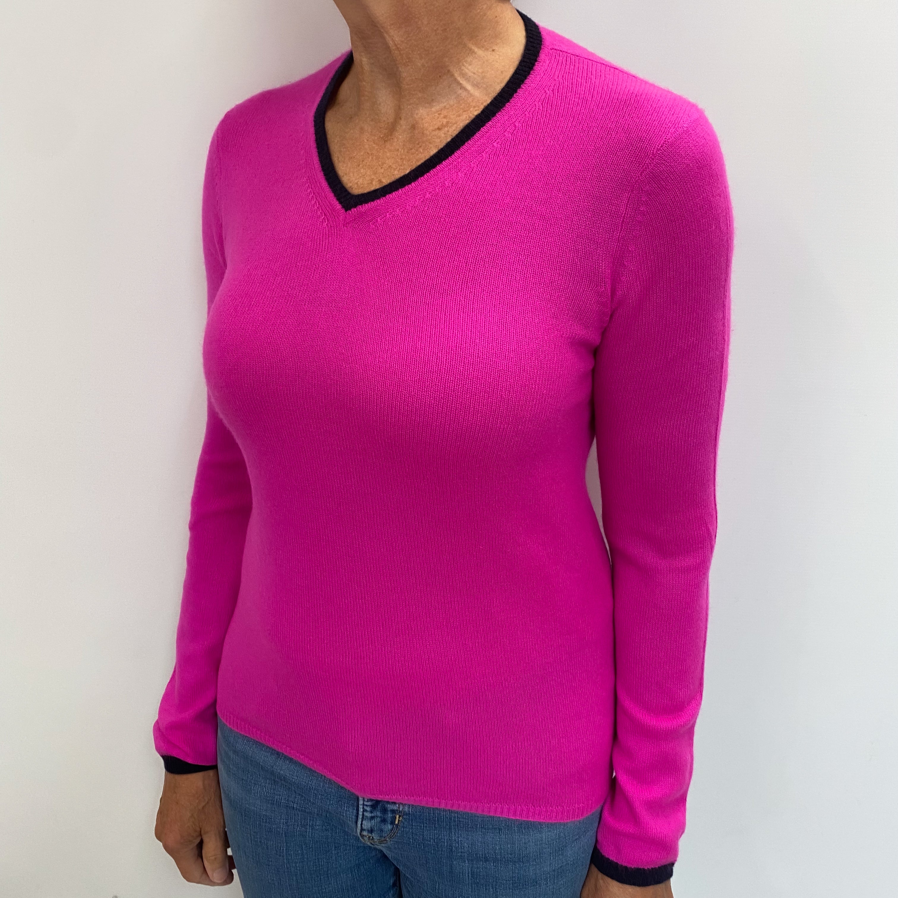 Neon Pink Cashmere V Neck Jumper Medium