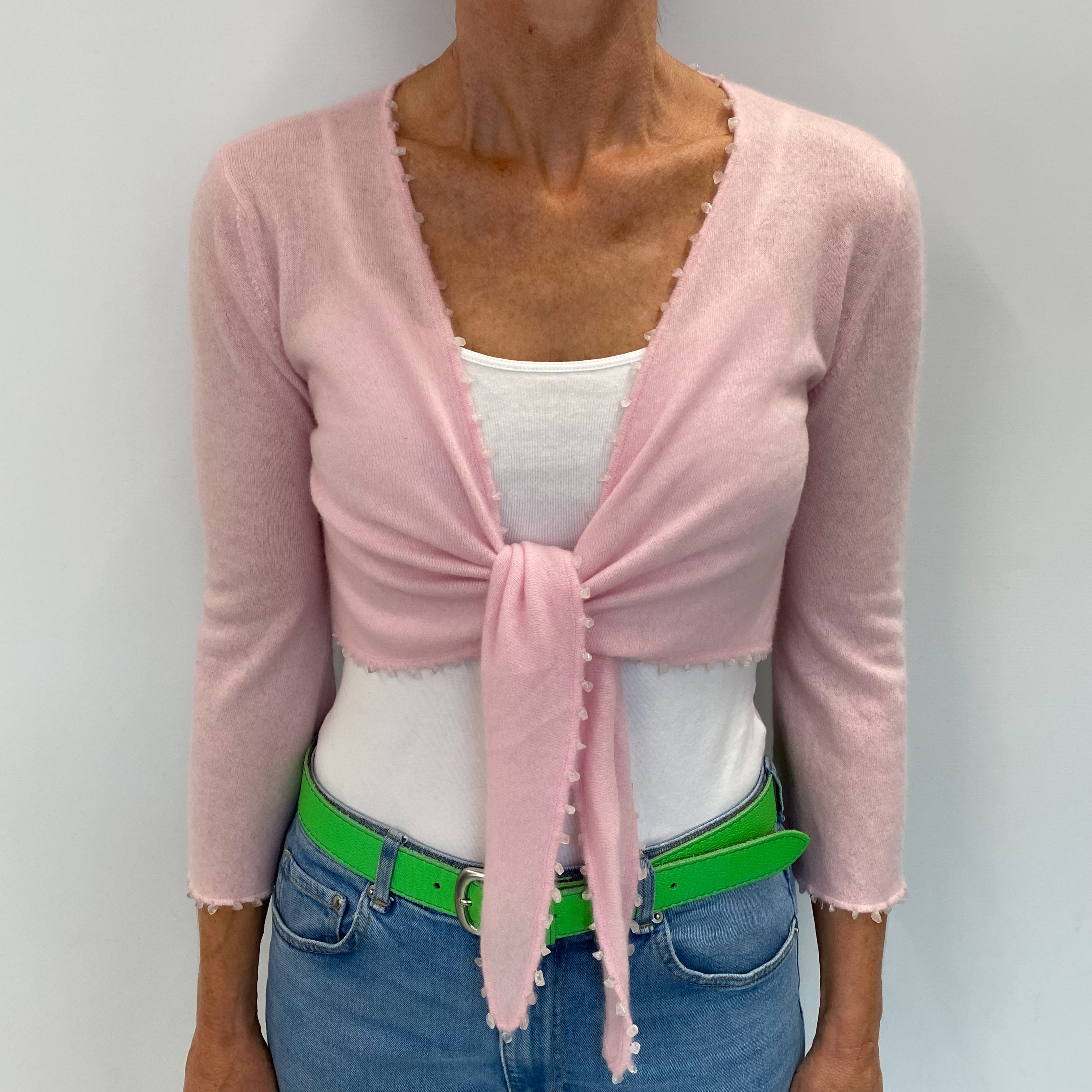 Pale Pink Cashmere Tie Front Cardigan Small