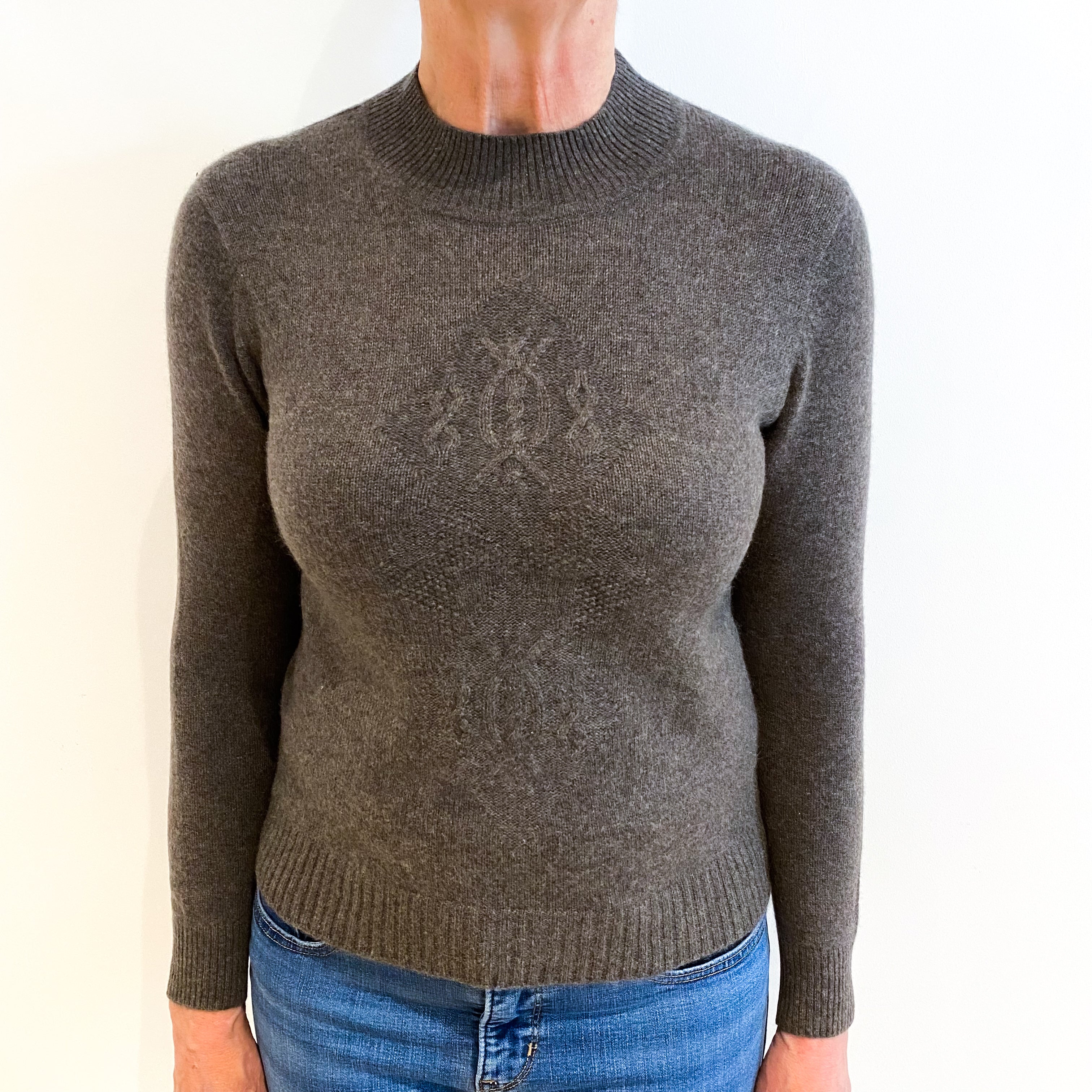 Muted Brown With Cable Design Cashmere Turtle Neck Jumper Medium