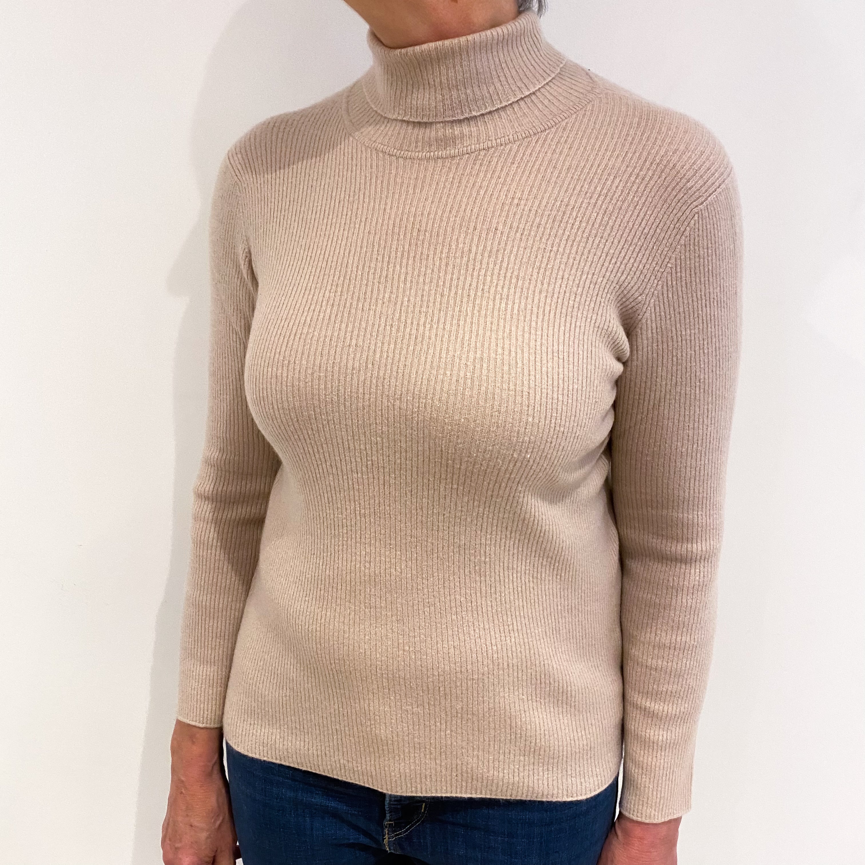 Pale Nude Pink Cashmere Polo Neck Ribbed Jumper Medium