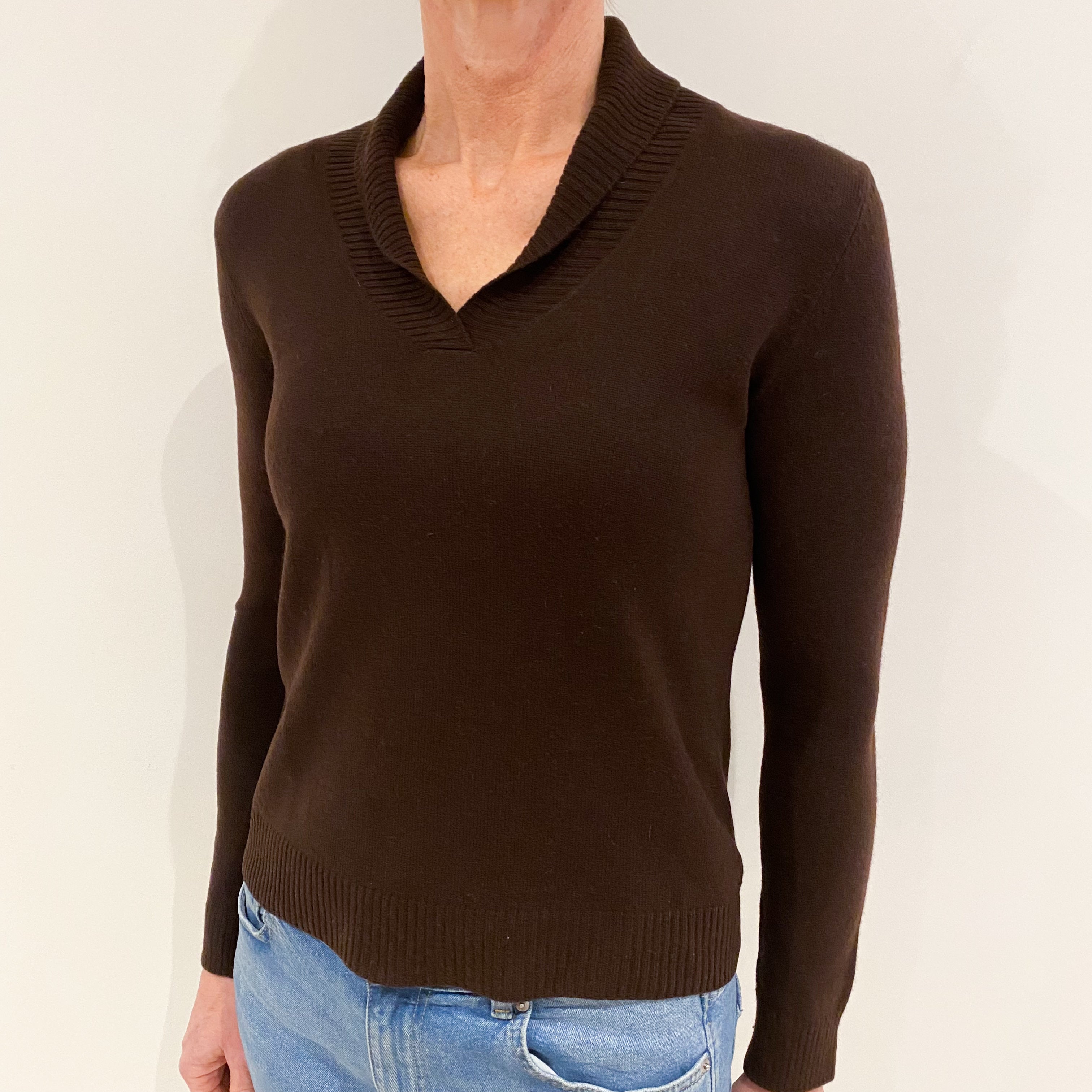 Chocolate Brown Cashmere Shawl Collar V Neck Jumper Small