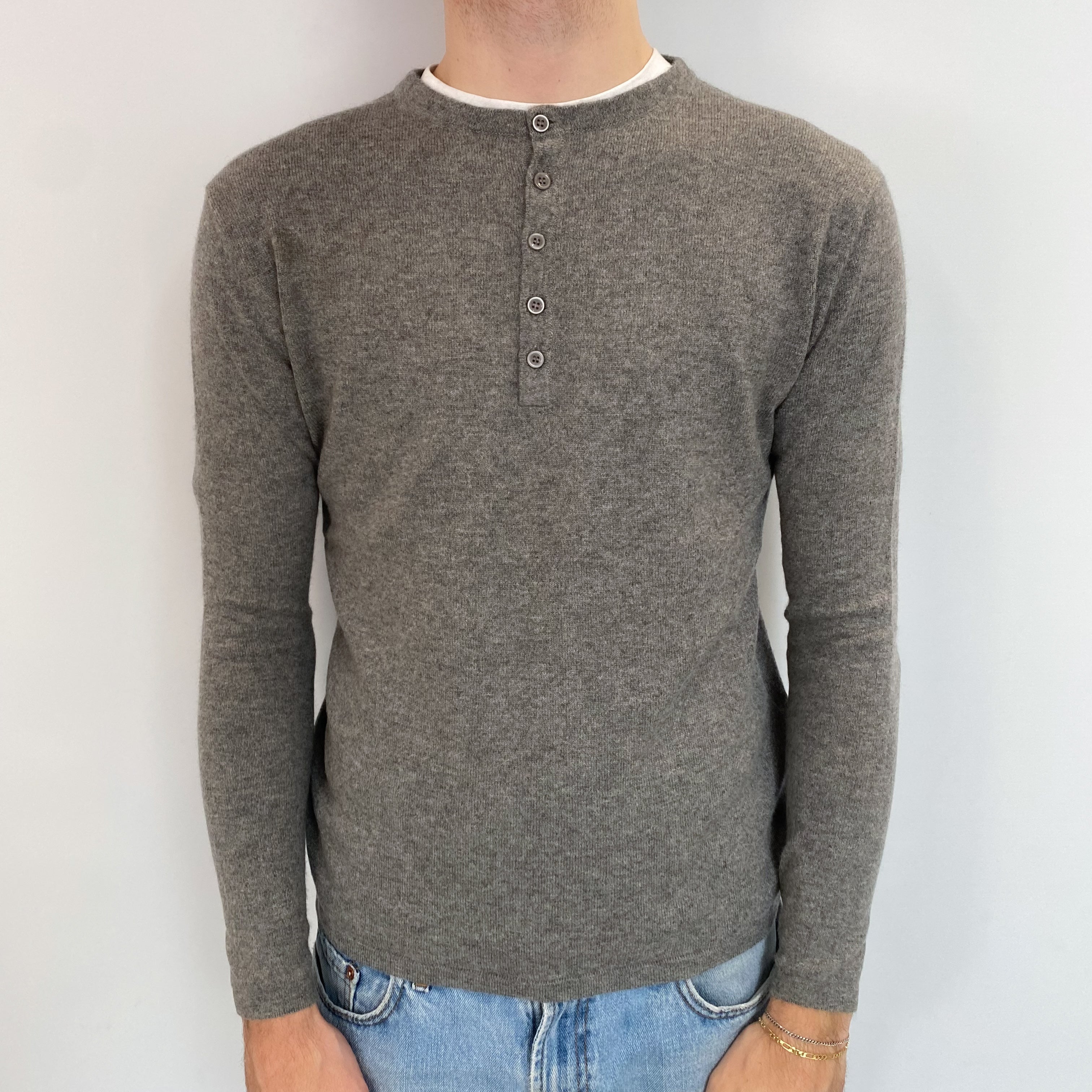 Men's Ash Grey Cashmere Buttoned 1/4 Crew Neck Jumper Medium