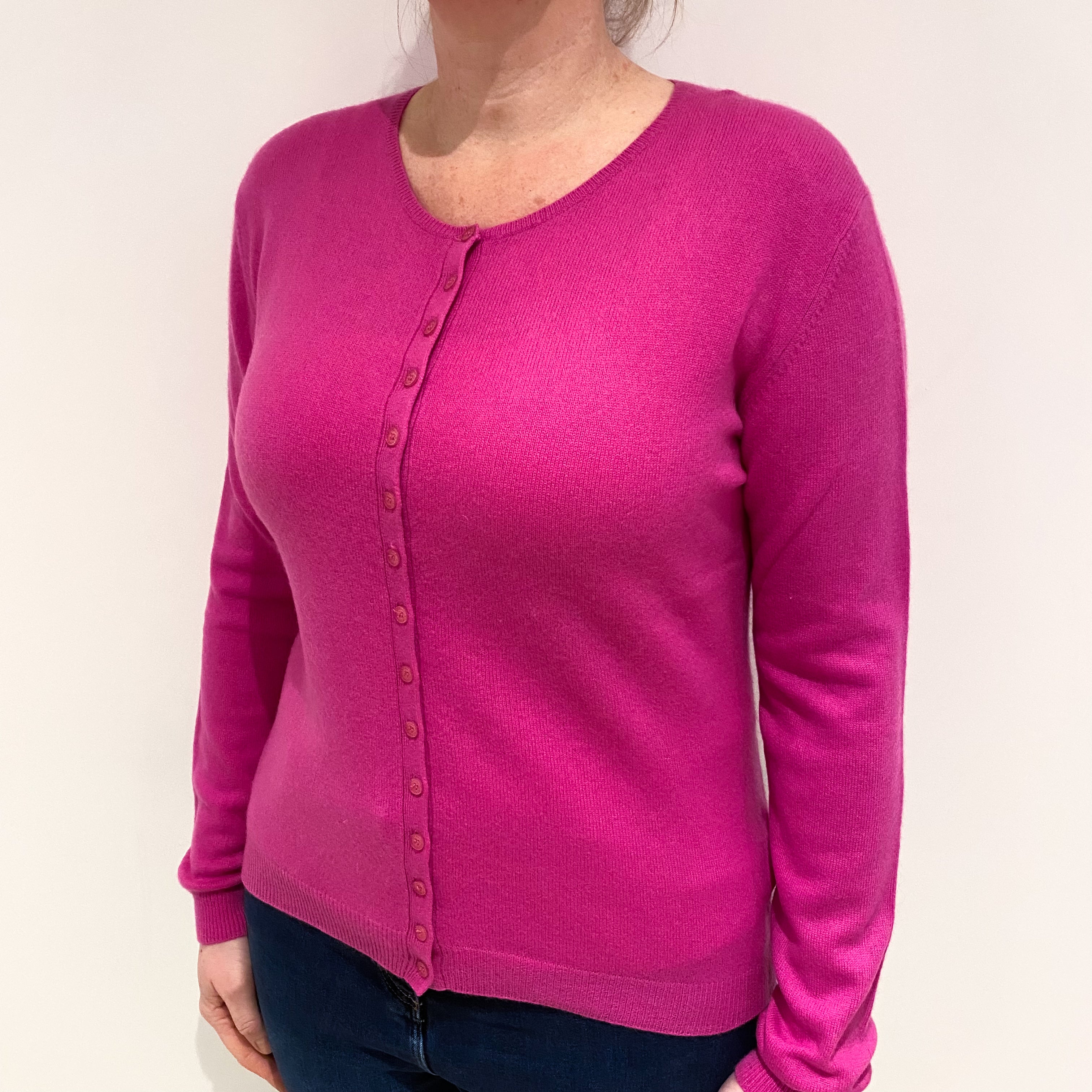 Fuchsia Pink Cashmere Crew Neck Cardigan Large