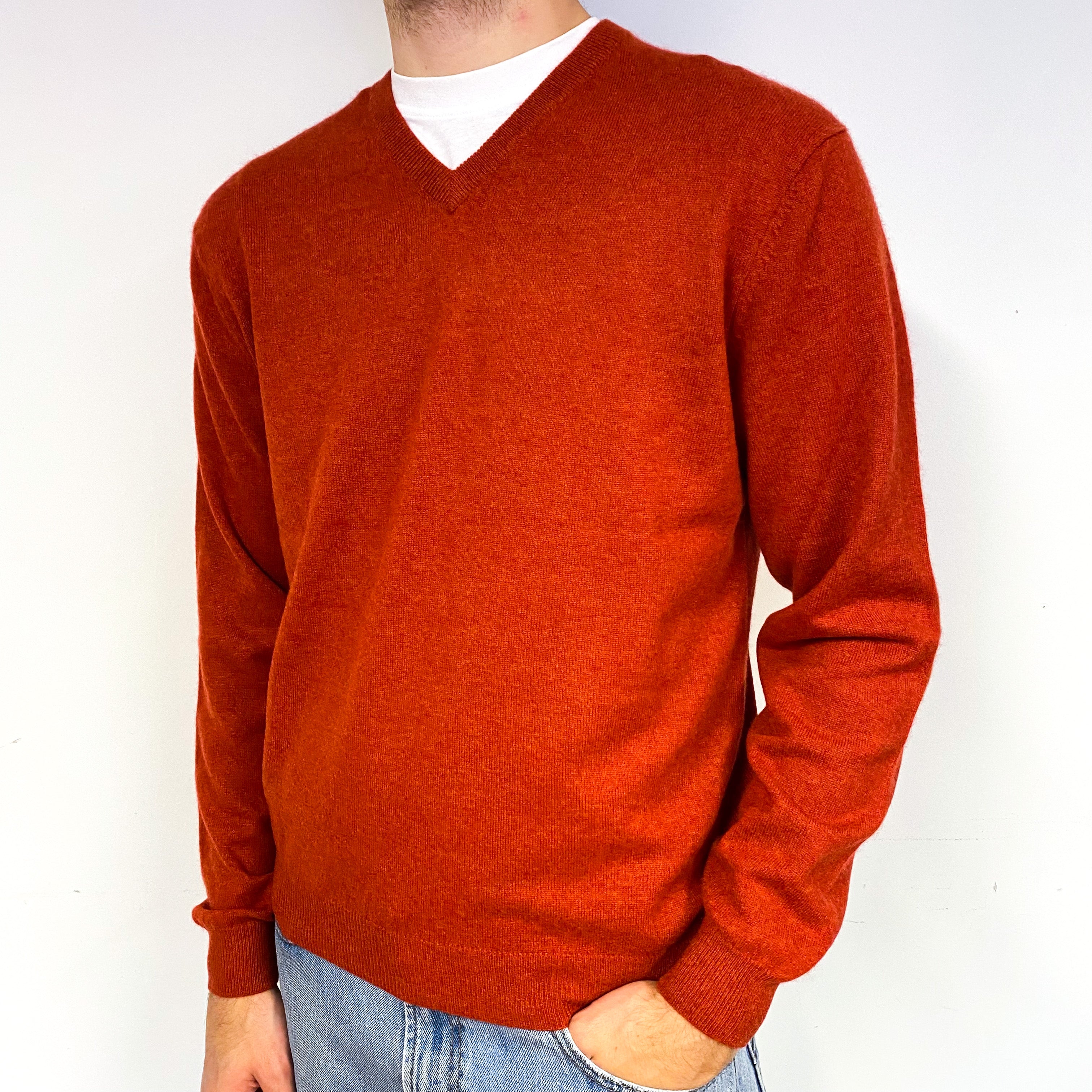 Men's Paprika Orange Cashmere V-Neck Jumper Medium