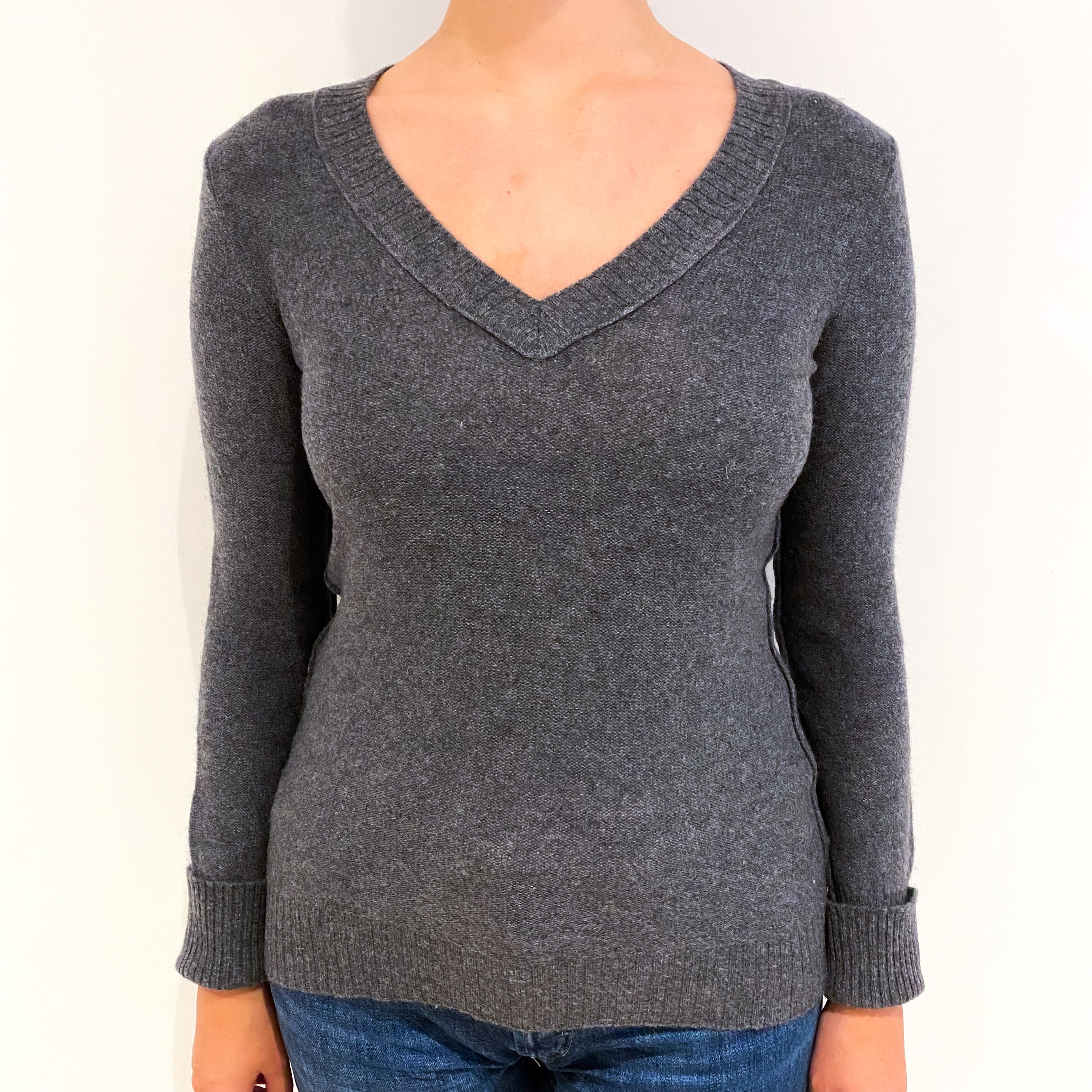 Slate Grey Lightweight Cashmere V-Neck Jumper Small