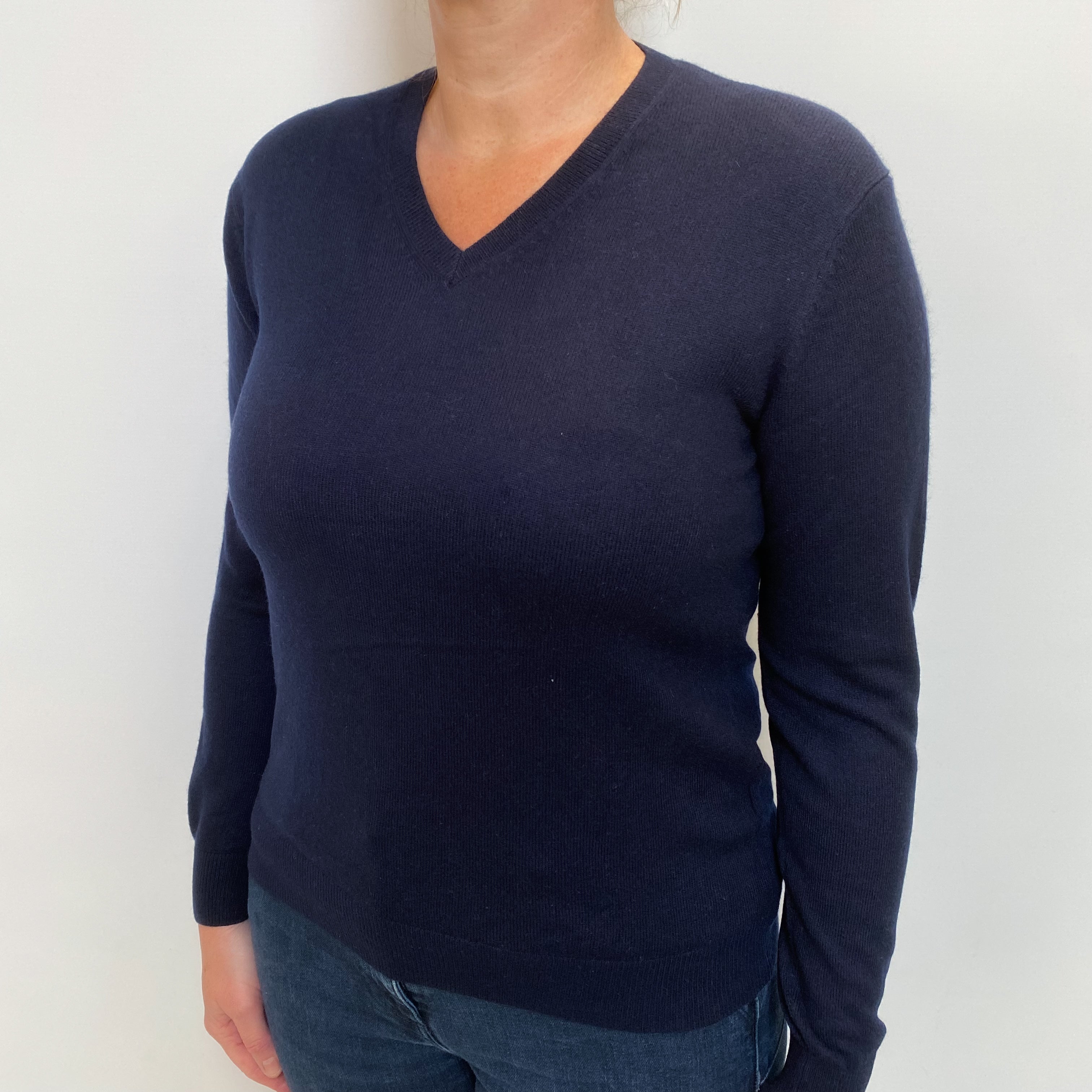 Navy Blue Cashmere V Neck Jumper Large