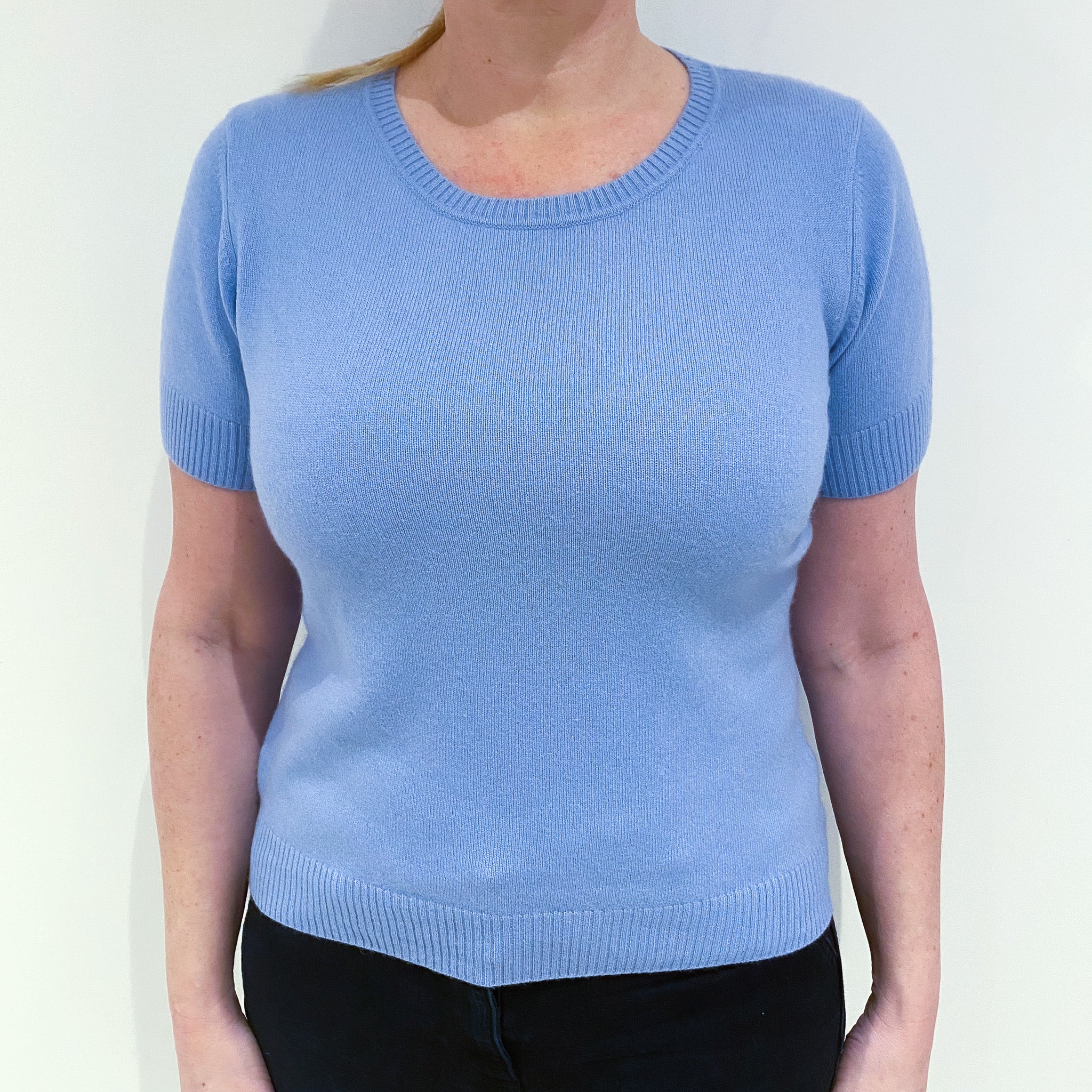 Sky Blue Short Sleeve Cashmere Crew Neck Jumper Large