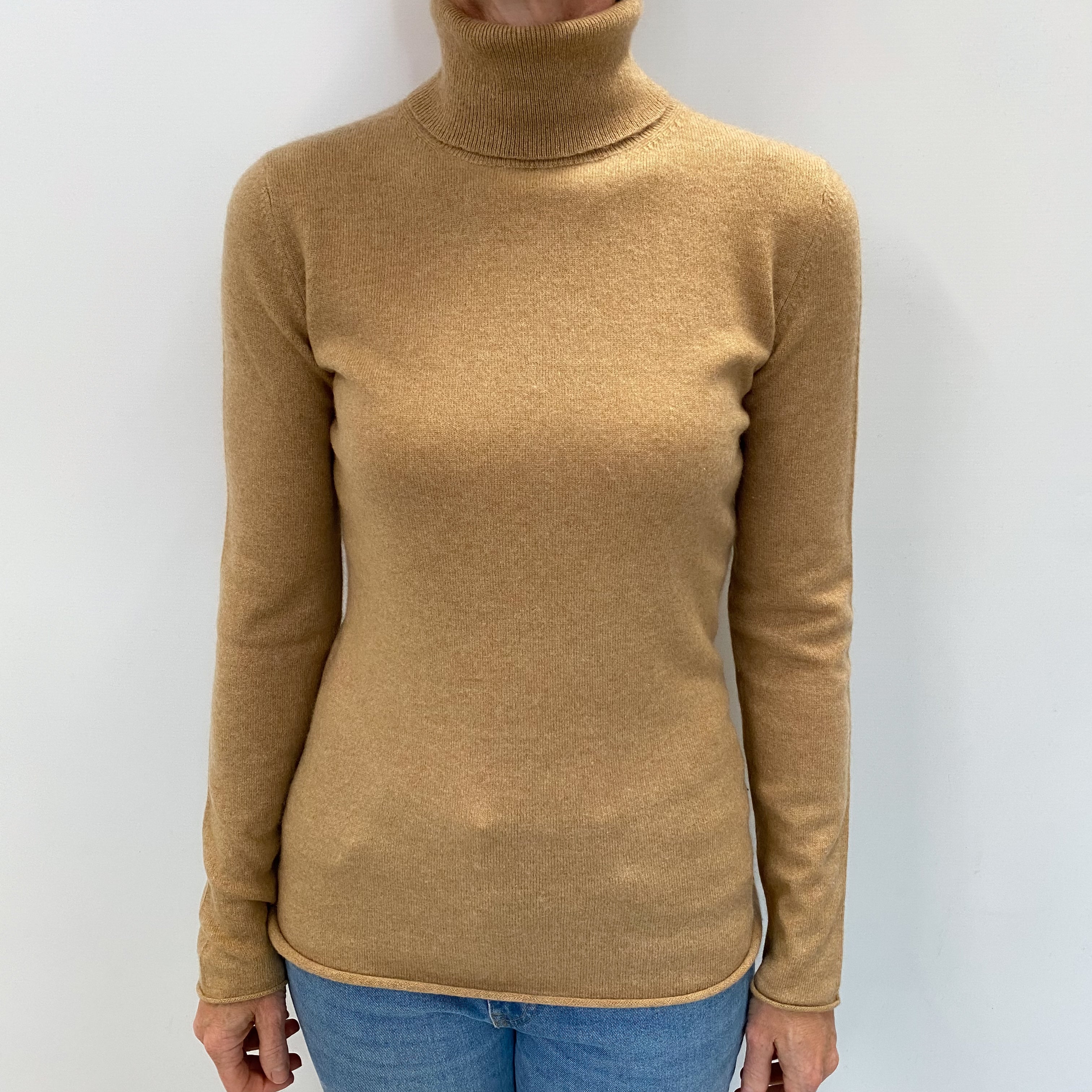 Sand Beige Cashmere Polo Neck Jumper Small