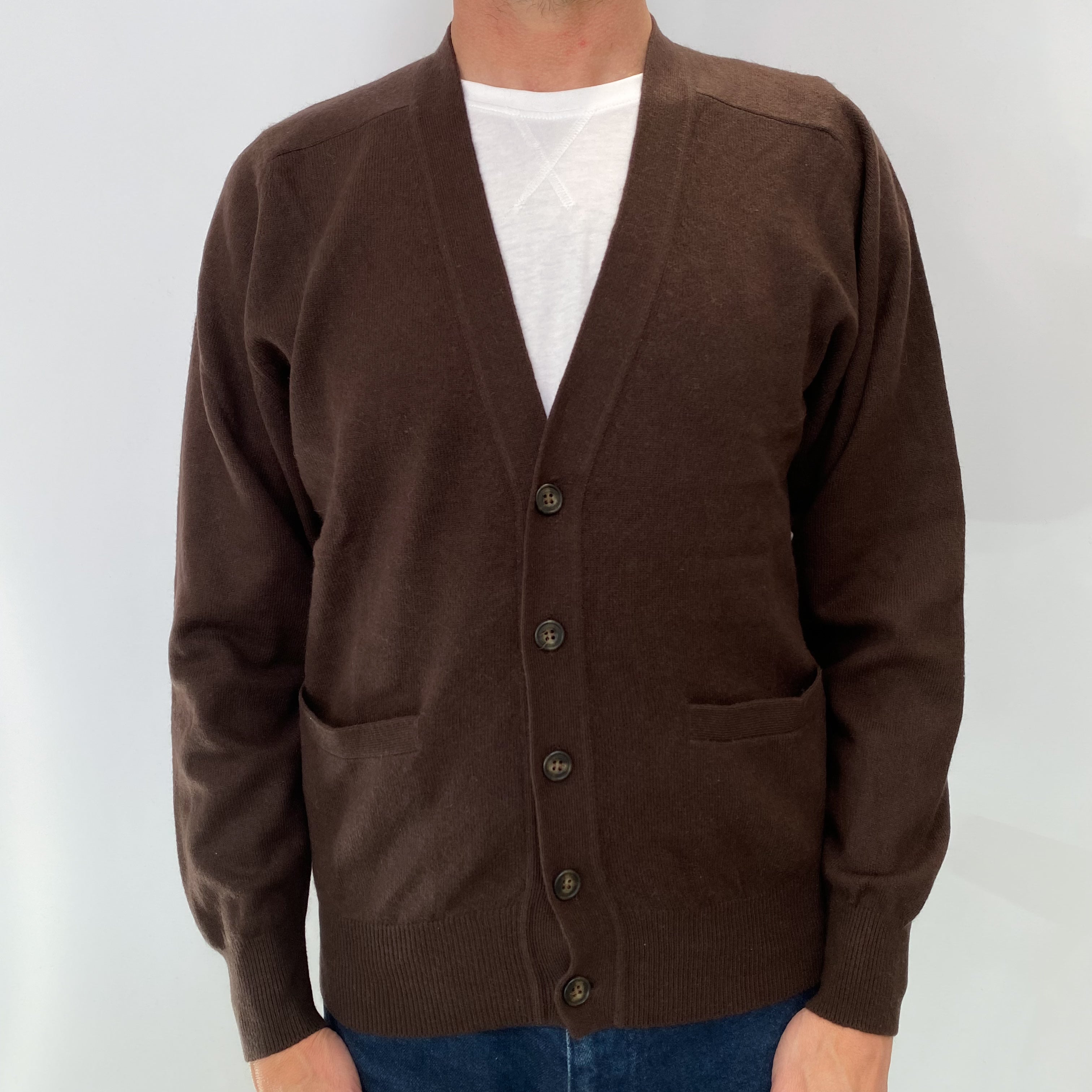 Chocolate Browm Men's Cashmere V Neck Cardigan Small