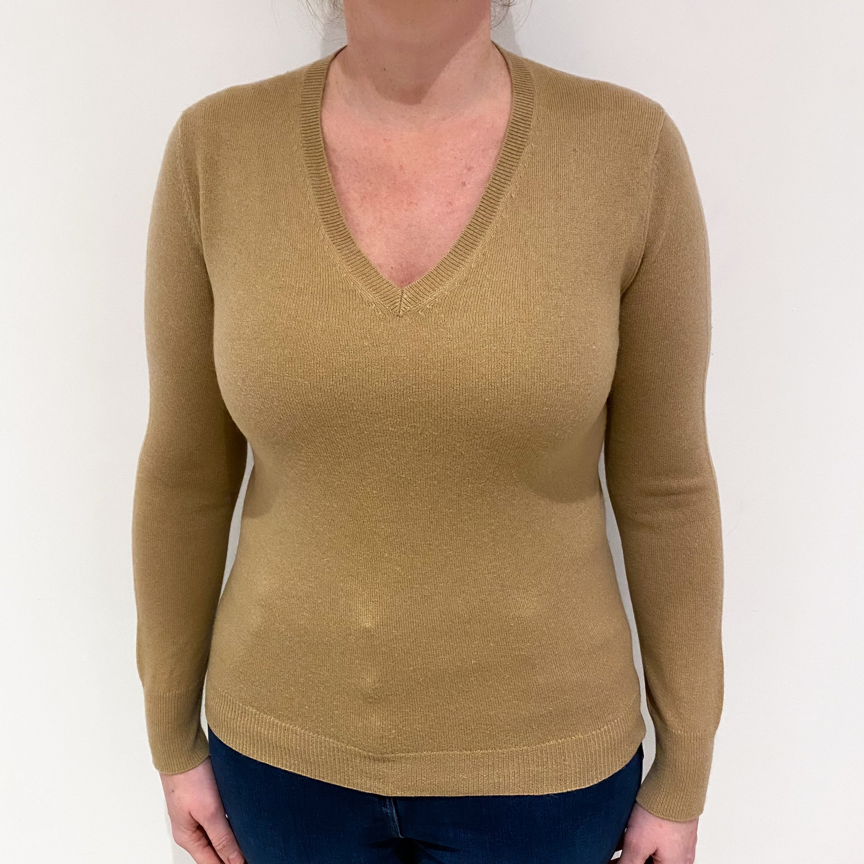 Camel Brown Cashmere V Neck Jumper Large