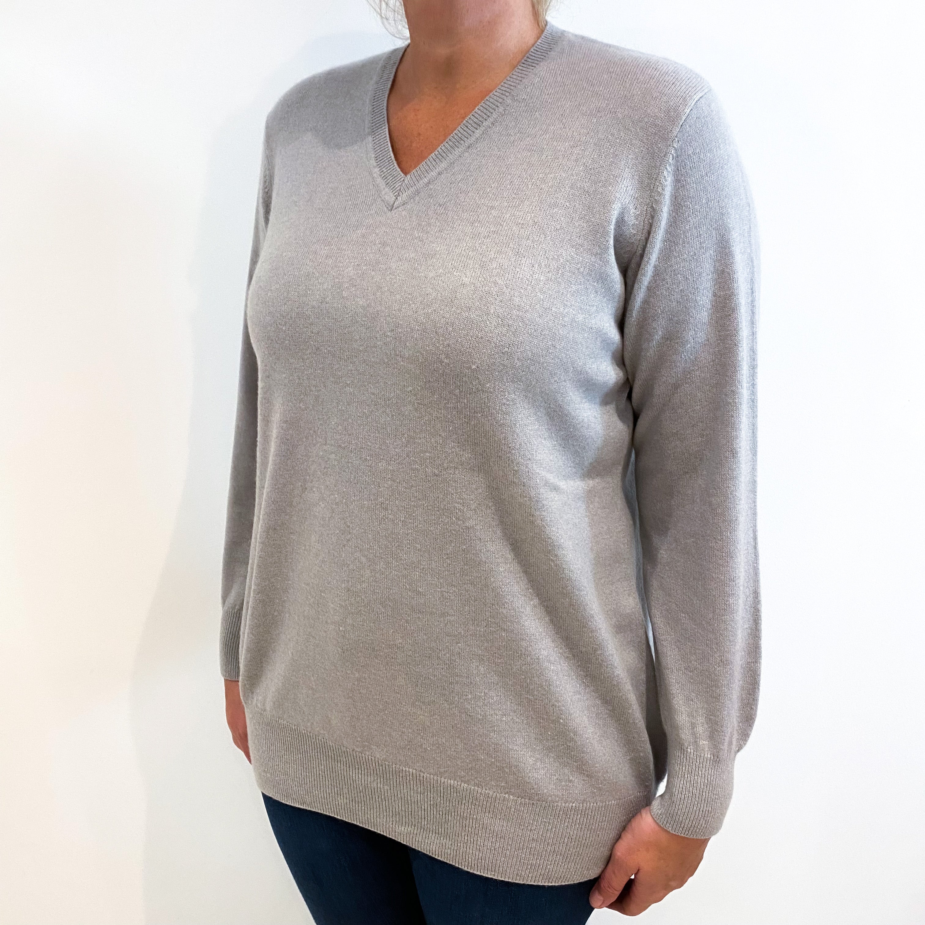 Mist Grey Cashmere V-Neck Jumper Large