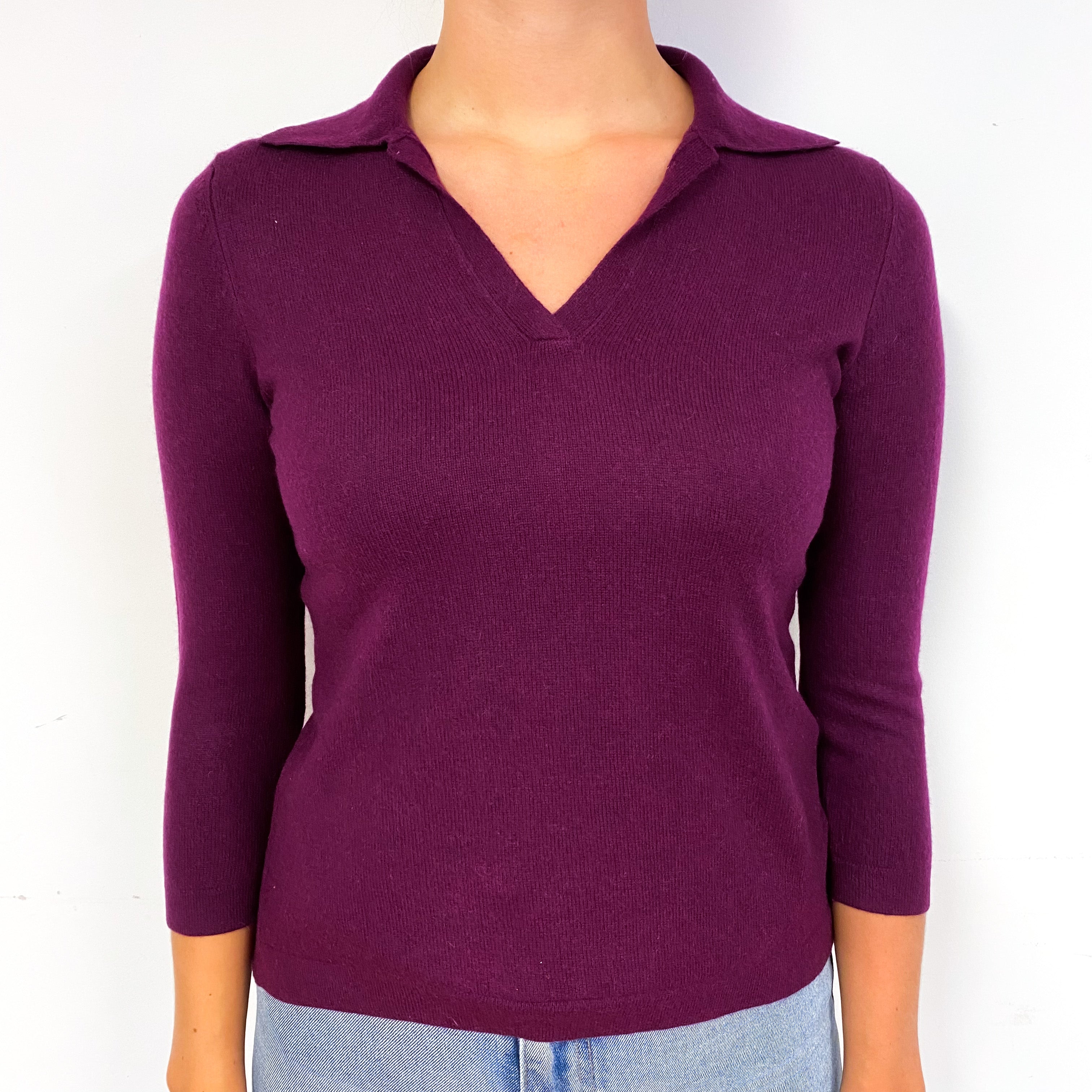 Purple 3/4 Sleeved Cashmere V-Neck Jumper Small