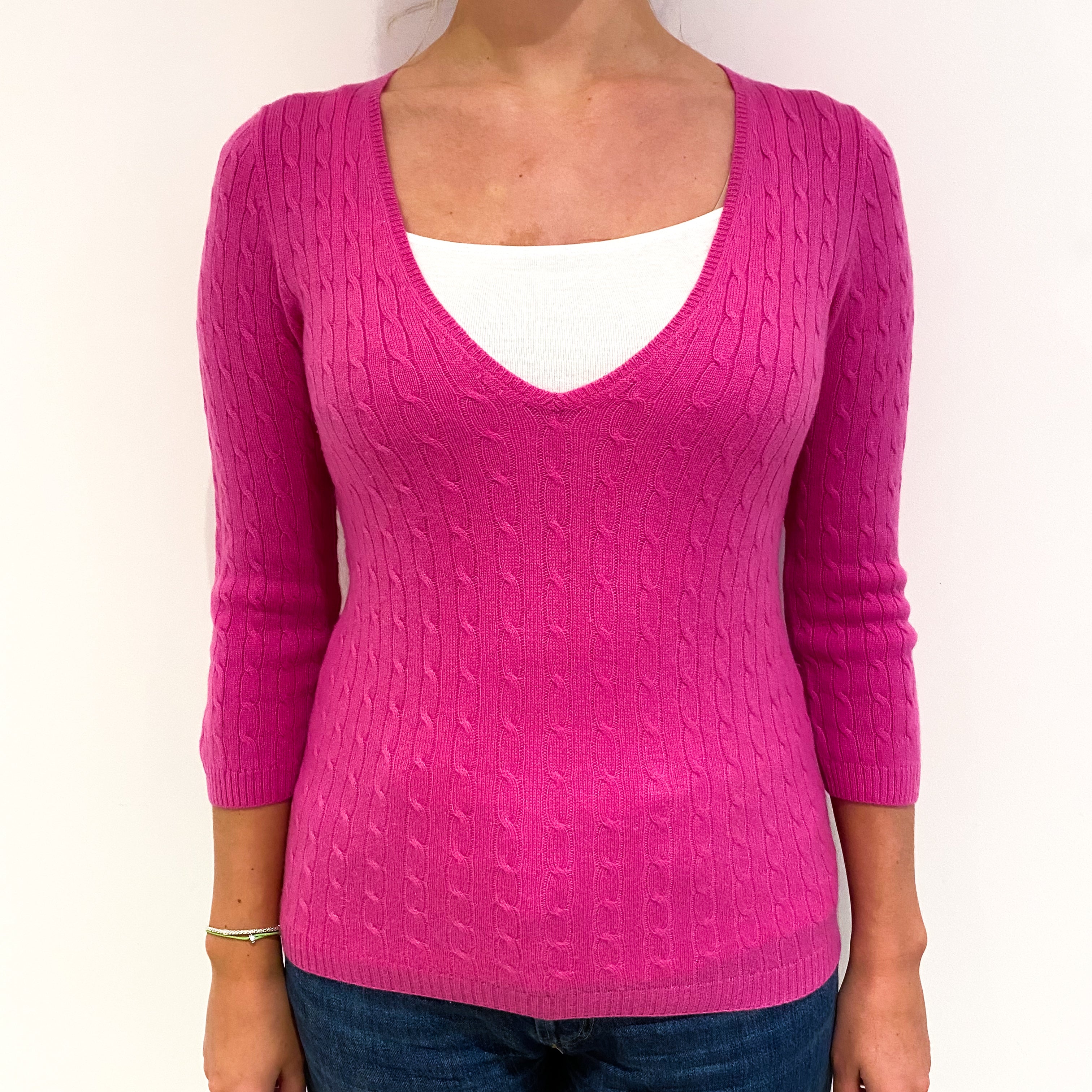 Hot Pink Cable 3/4 Sleeve Cashmere V-Neck Jumper Small