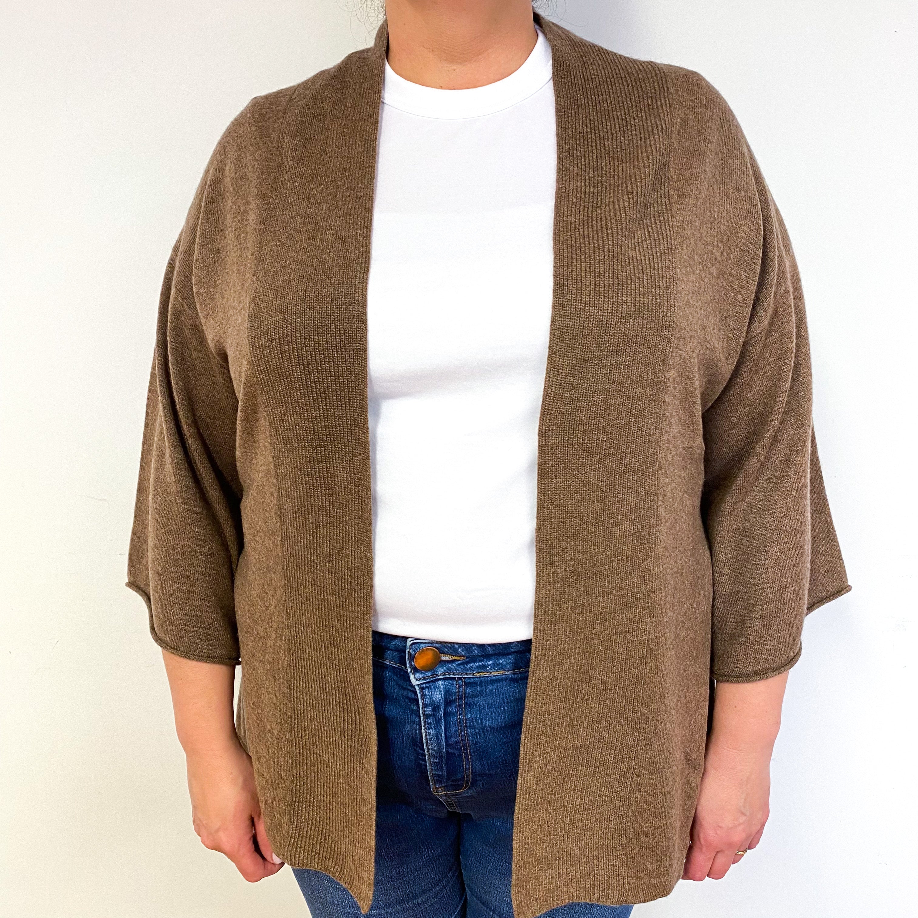 Pecan Brown 3/4 Sleeve Cashmere Edge to Edge Cardigan Extra Large