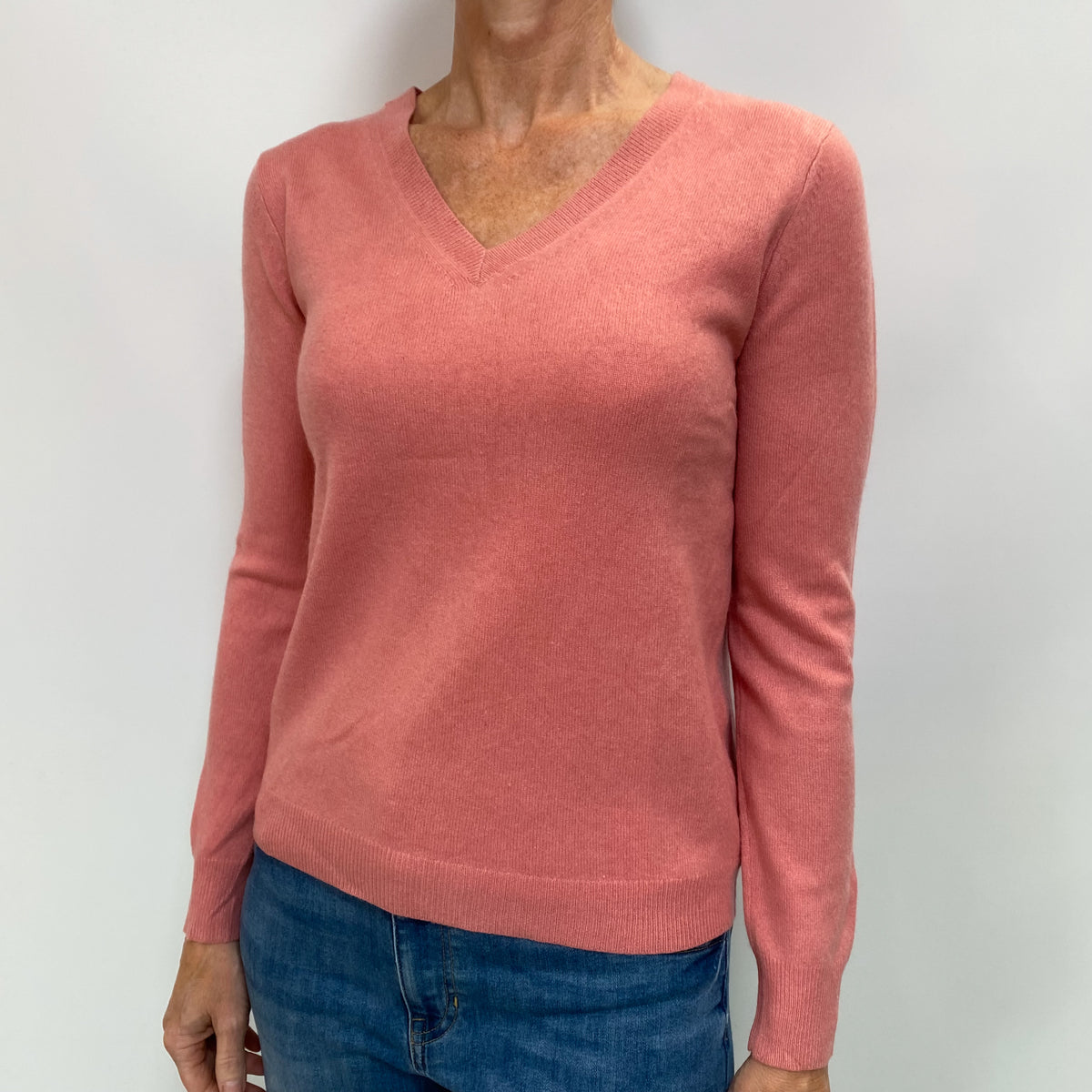 Salmon Pink Cashmere V Neck Jumper Small