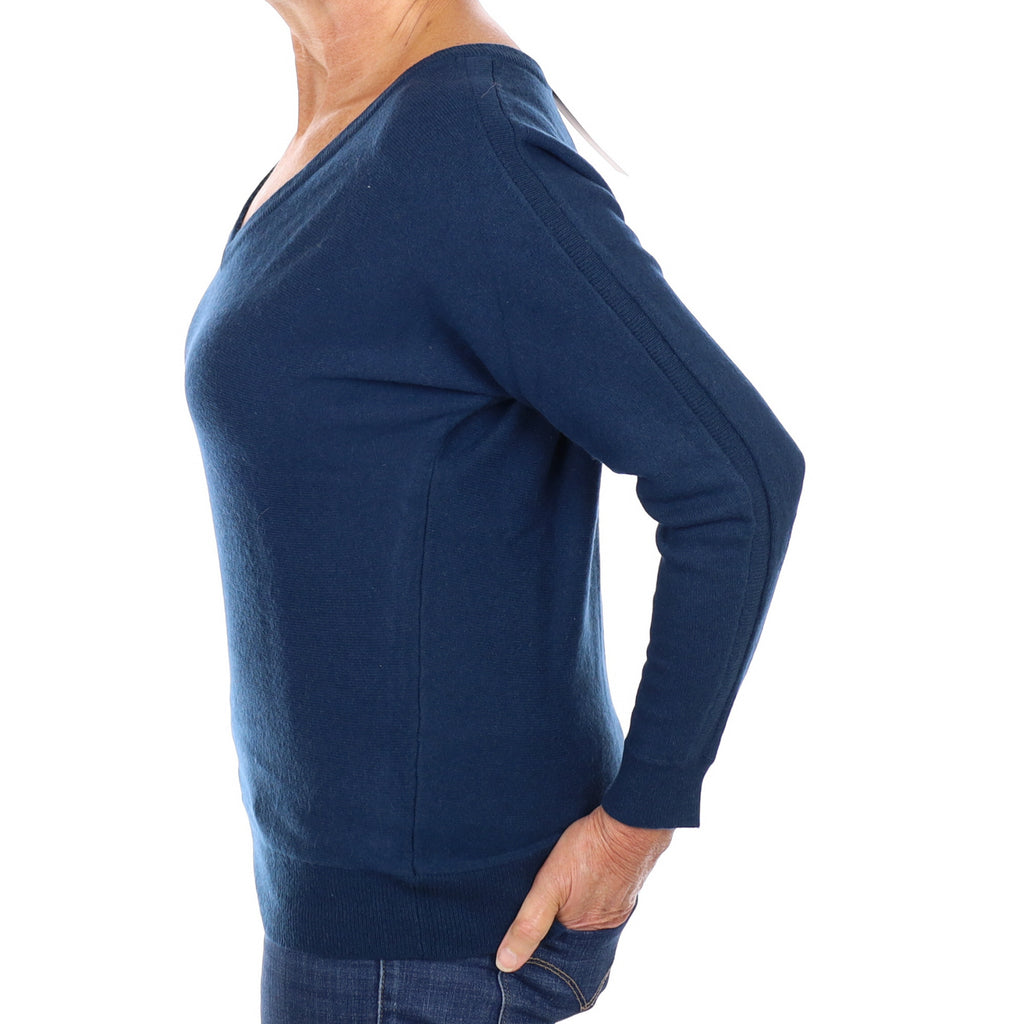 Deep Petrol Blue Cashmere Batwing V Neck Jumper Medium